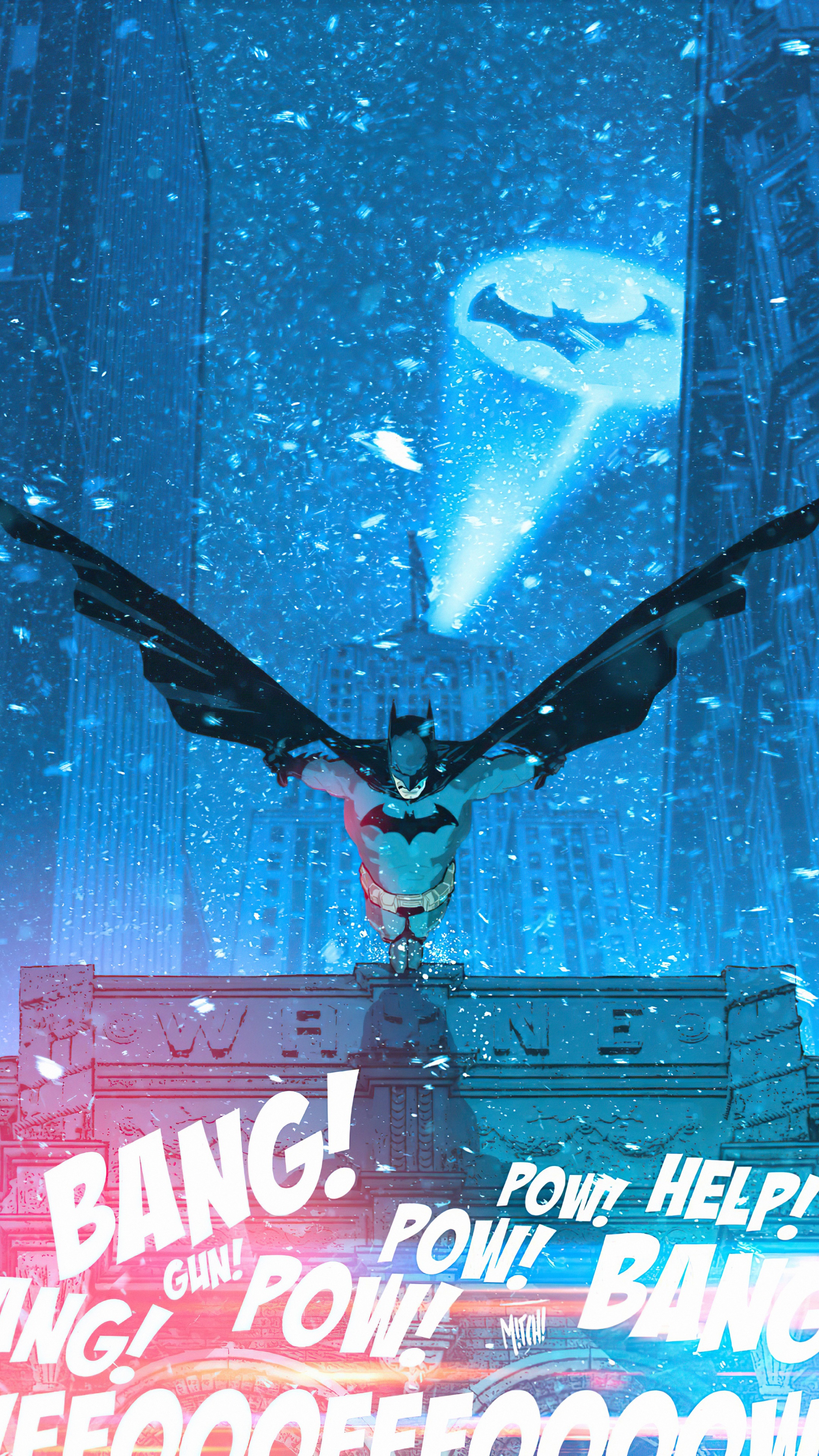 Batman flying in Gotham City with Bat-Signal HD Phone Wallpaper