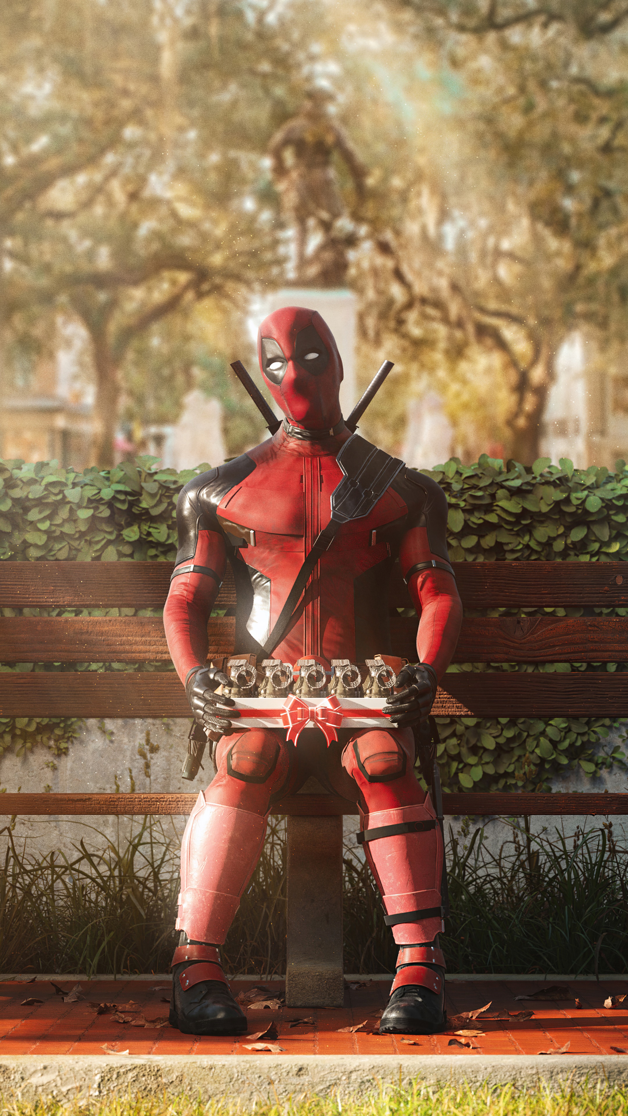 Deadpool holding a box of donuts in a park HD Phone Wallpaper