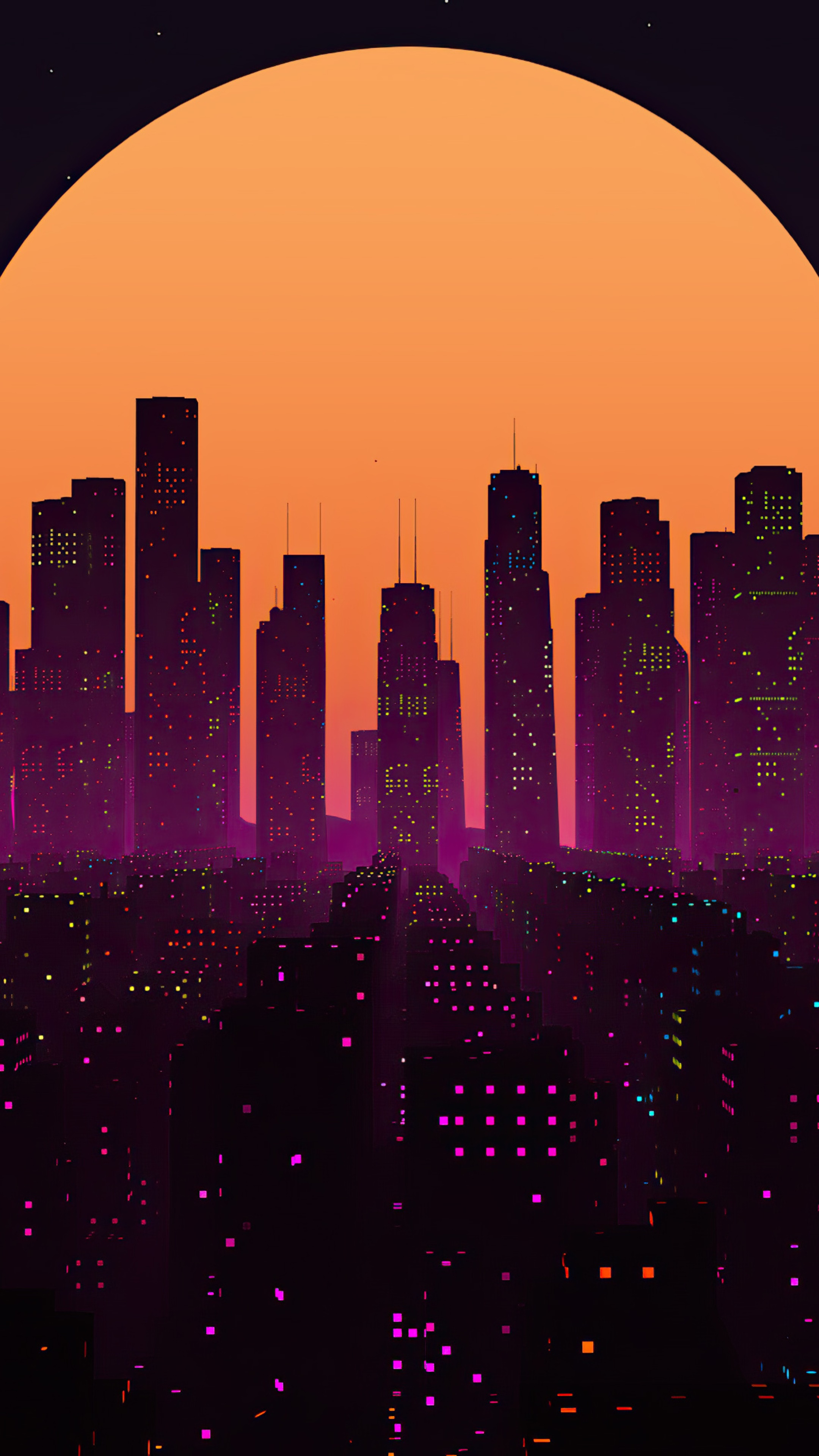 Retrowave city skyline with large orange sun HD Phone Wallpaper
