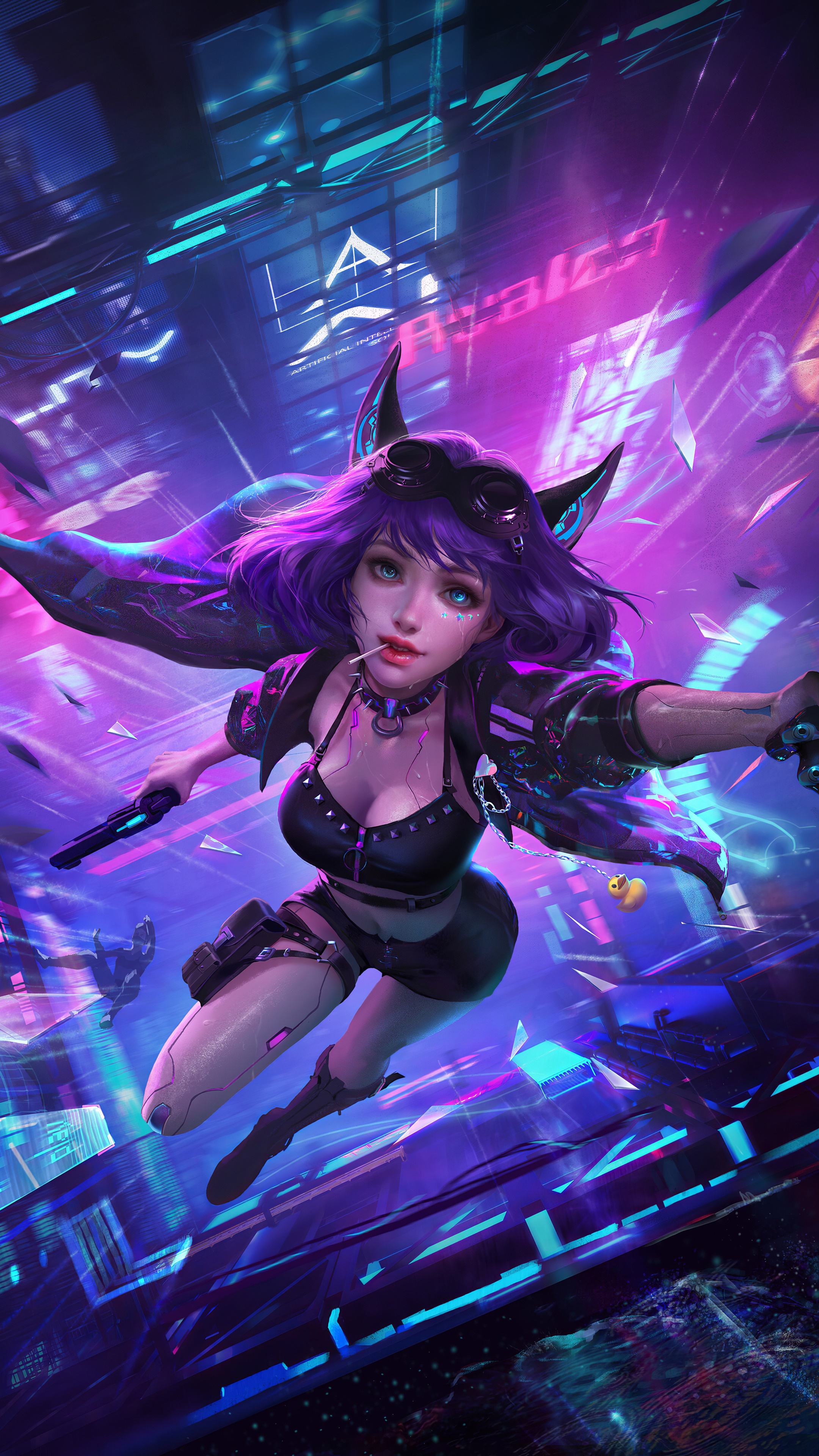 Girl with purple hair and cat ears in a futuristic city HD Phone Wallpaper