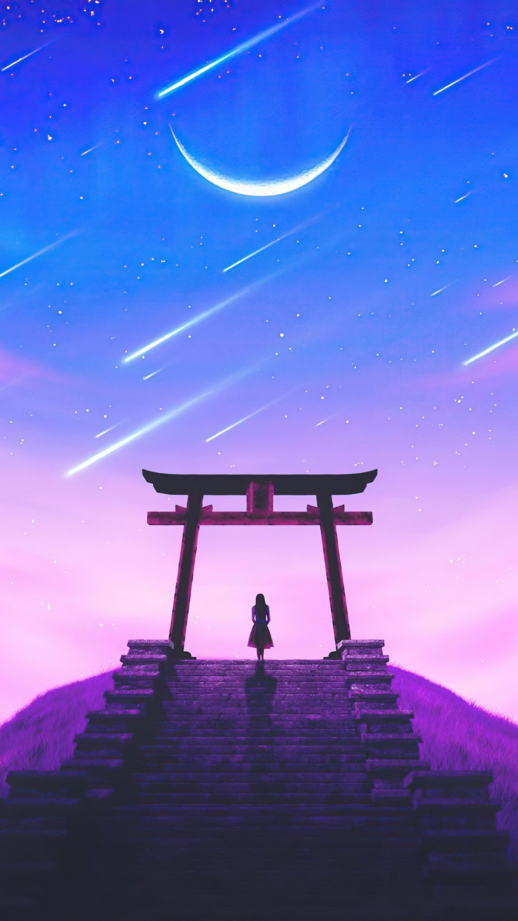 Girl at Torii Gate Under Shooting Stars 4K HD Phone Wallpaper