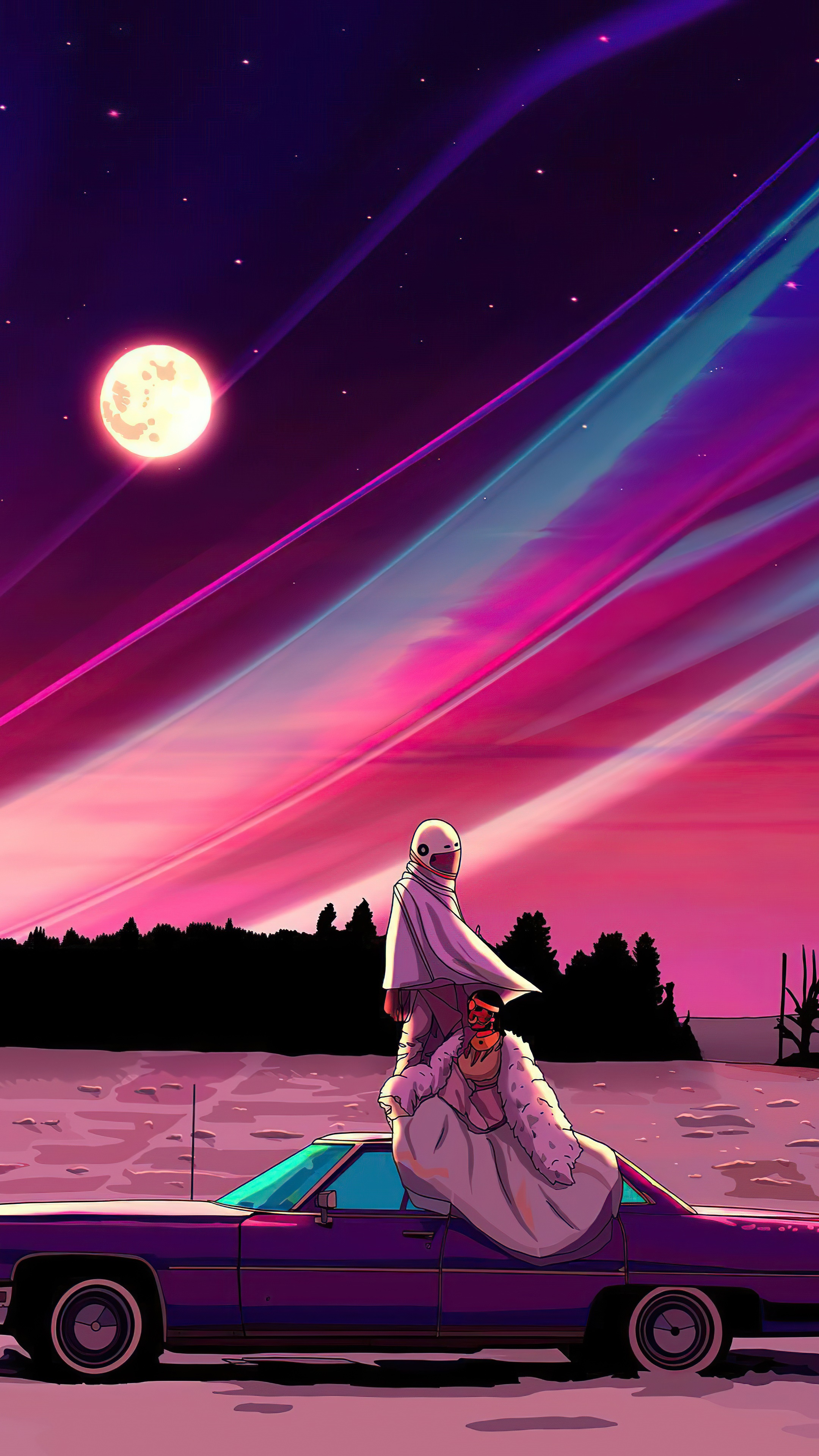Synthwave artwork with two figures and a car HD Phone Wallpaper