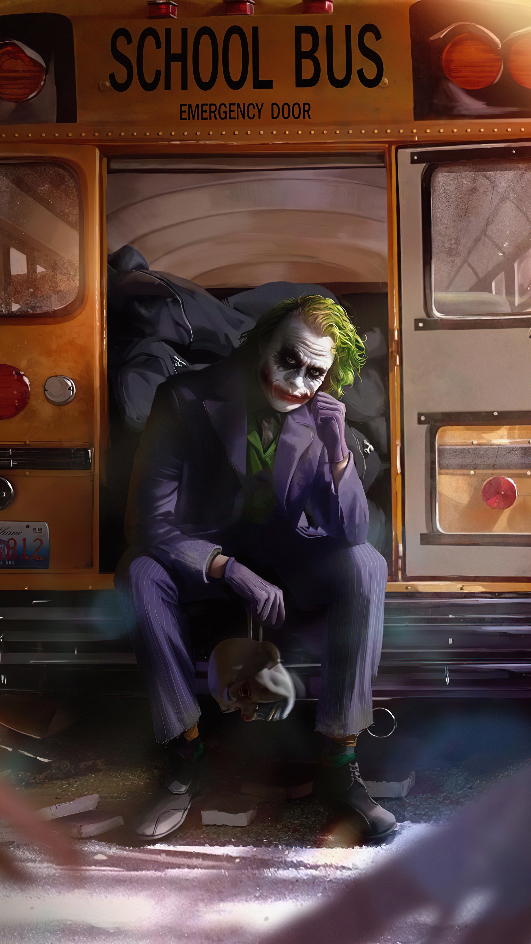 Joker sitting in a school bus with a skull HD Phone Wallpaper