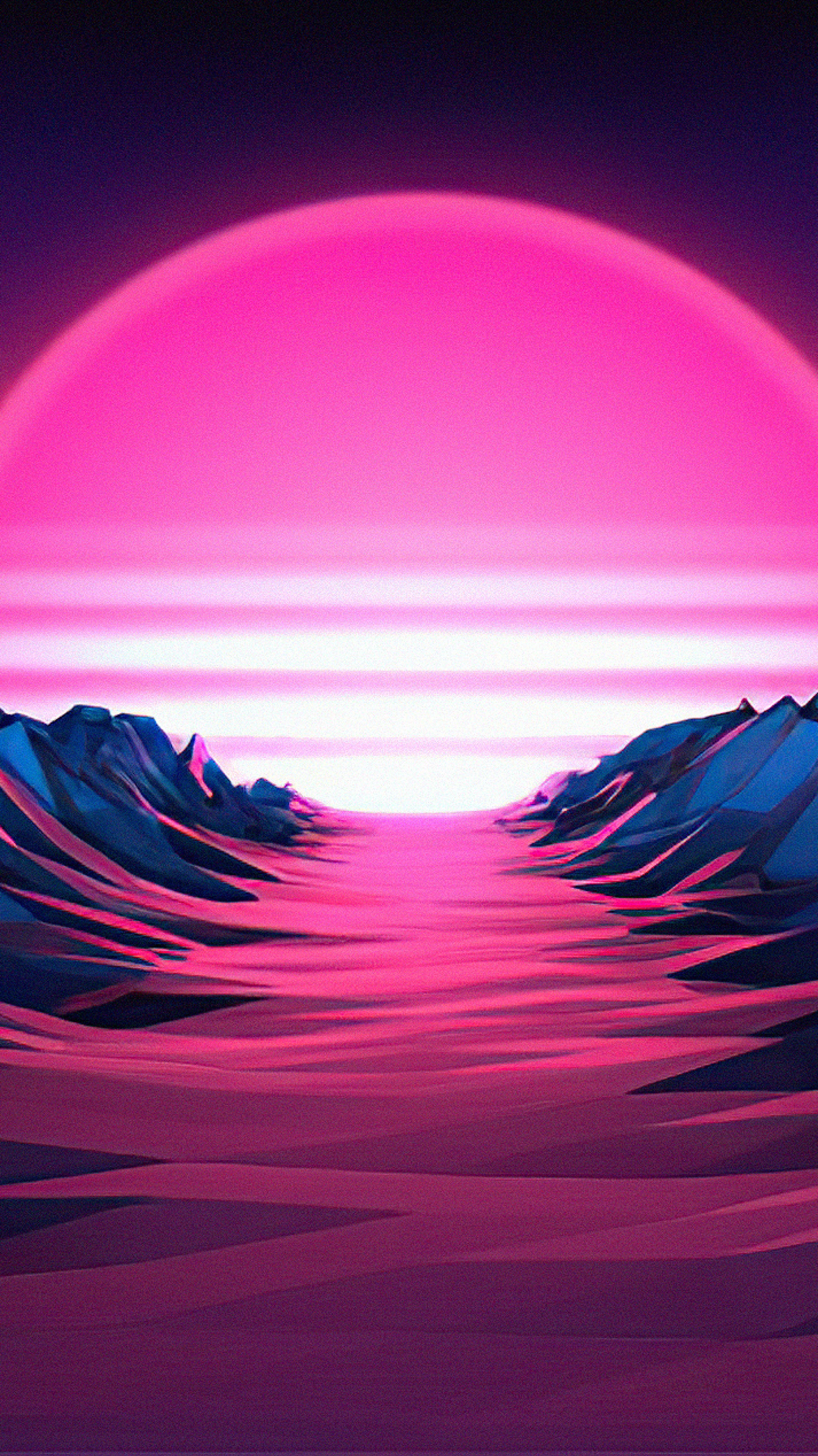 Retrowave landscape with pink sun and mountains HD Phone Wallpaper