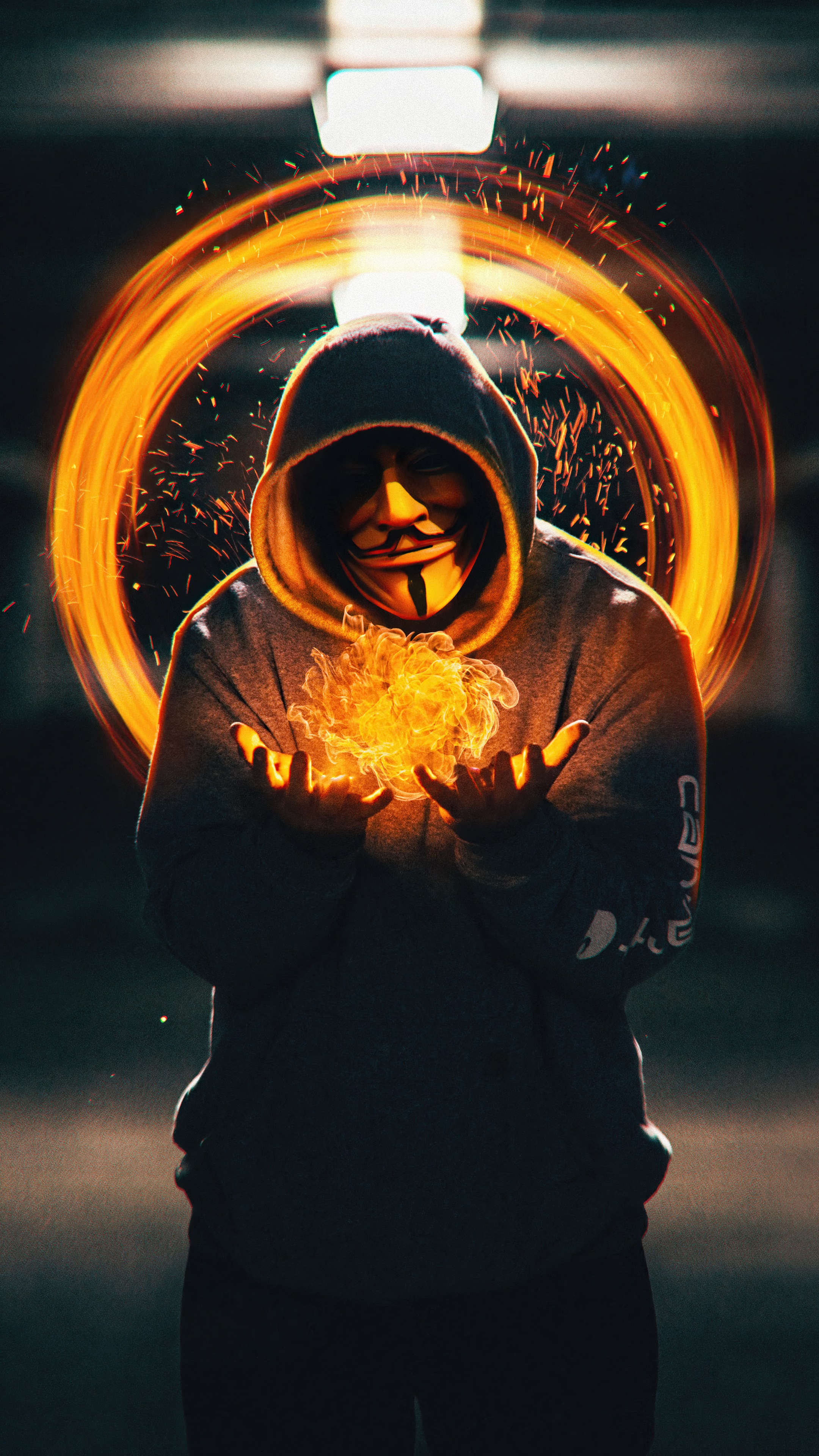 Anonymous figure with fire magic HD Phone Wallpaper