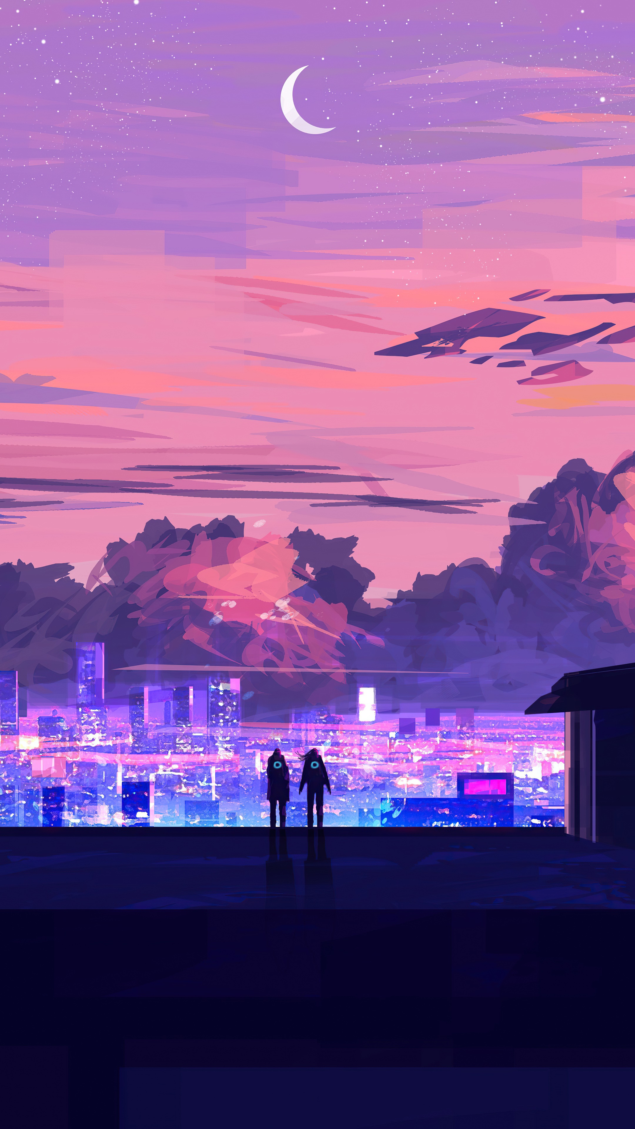 Two figures on a rooftop overlooking a neon city at dusk HD Phone Wallpaper