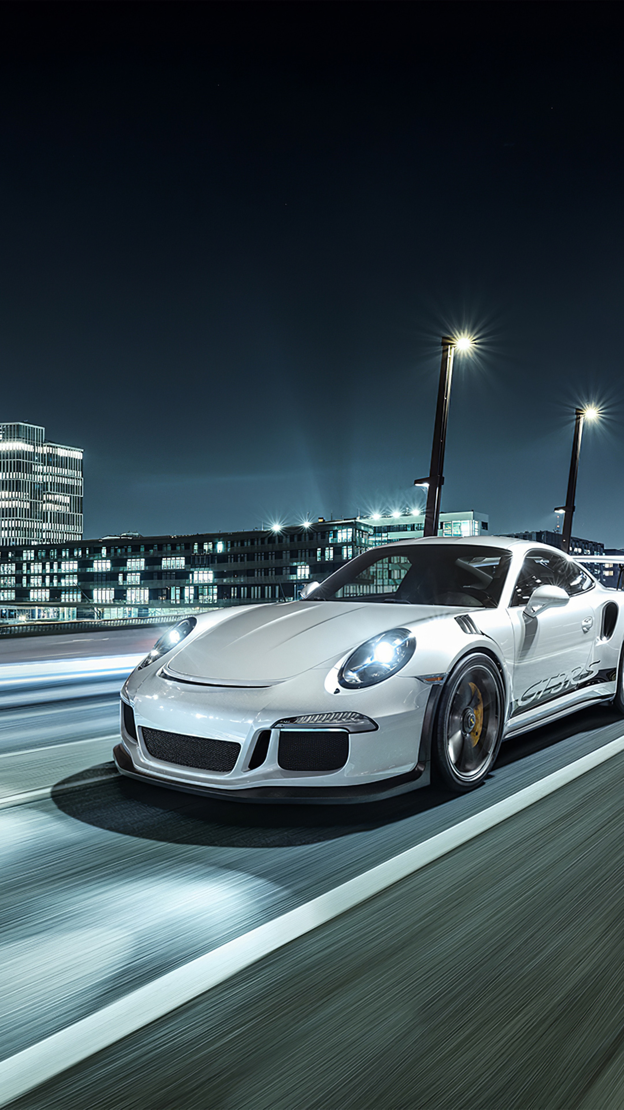 White Porsche 911 GT3 RS driving at night HD Phone Wallpaper