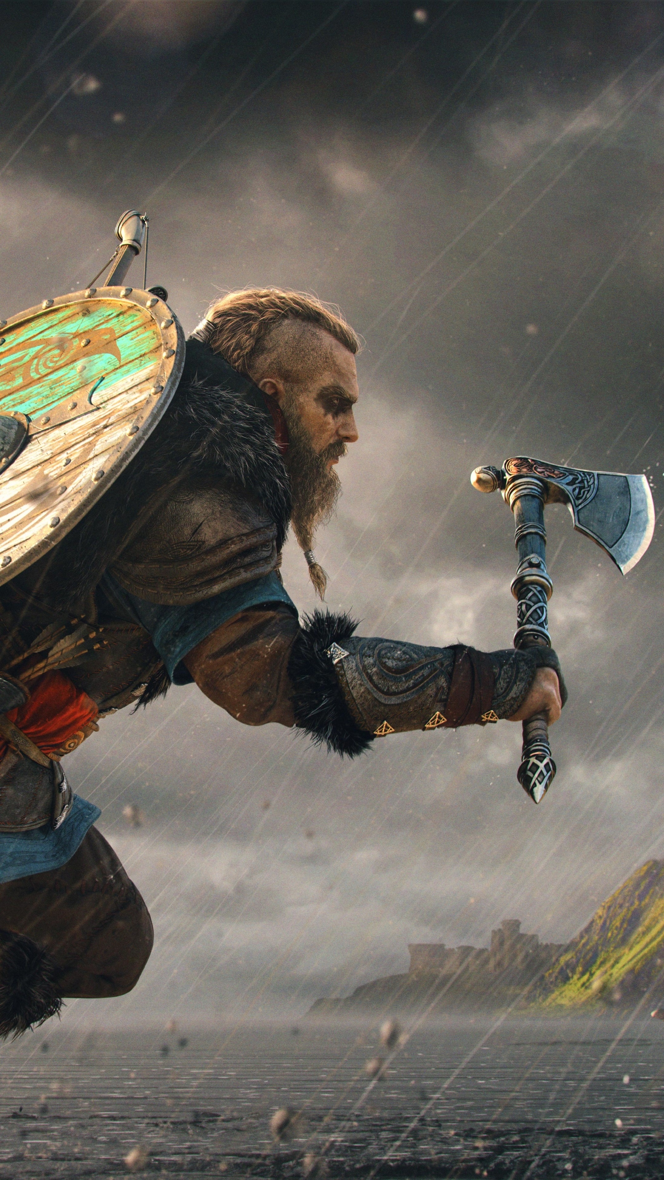 Eivor from Assassin's Creed Valhalla with axe and shield HD Phone Wallpaper