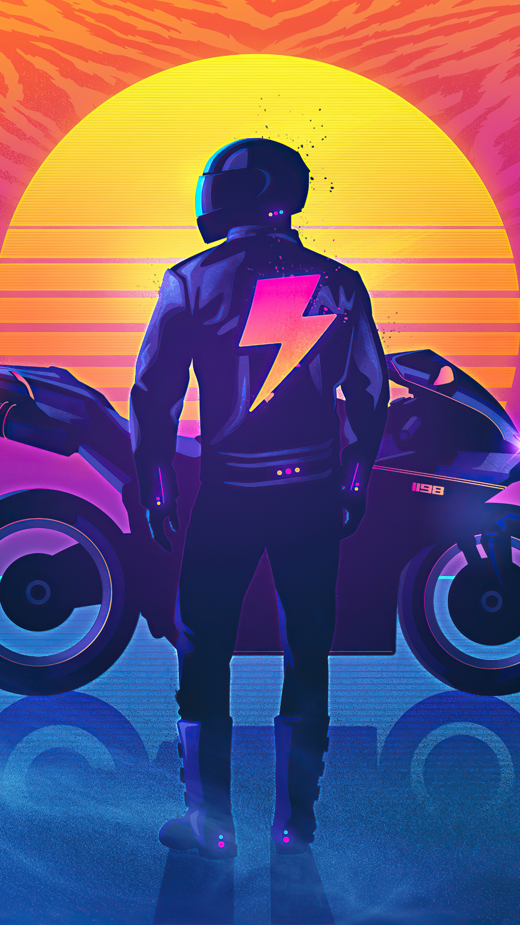 Biker with lightning jacket and motorcycle HD Phone Wallpaper
