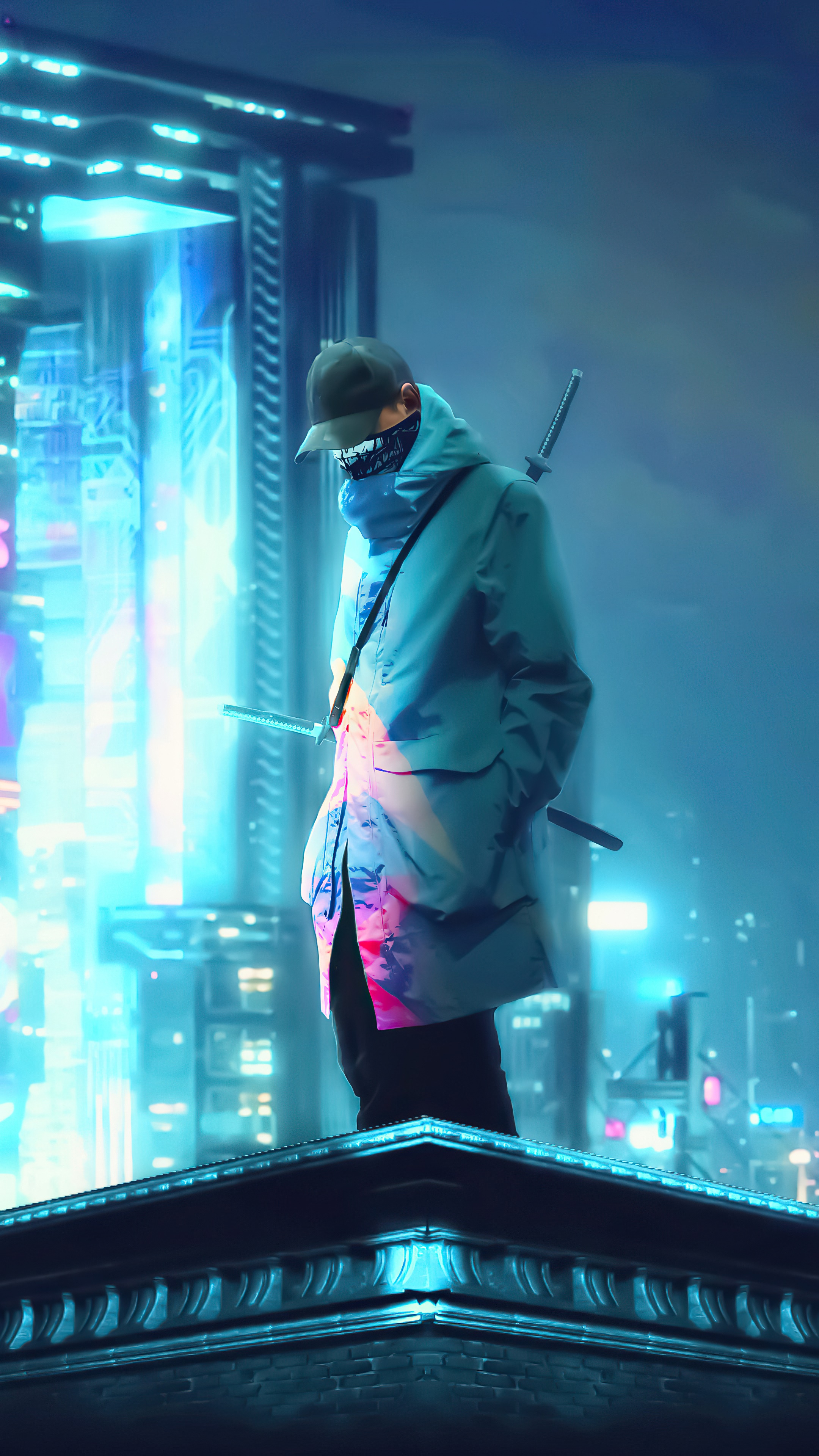 Cyberpunk character with katana in neon city HD Phone Wallpaper