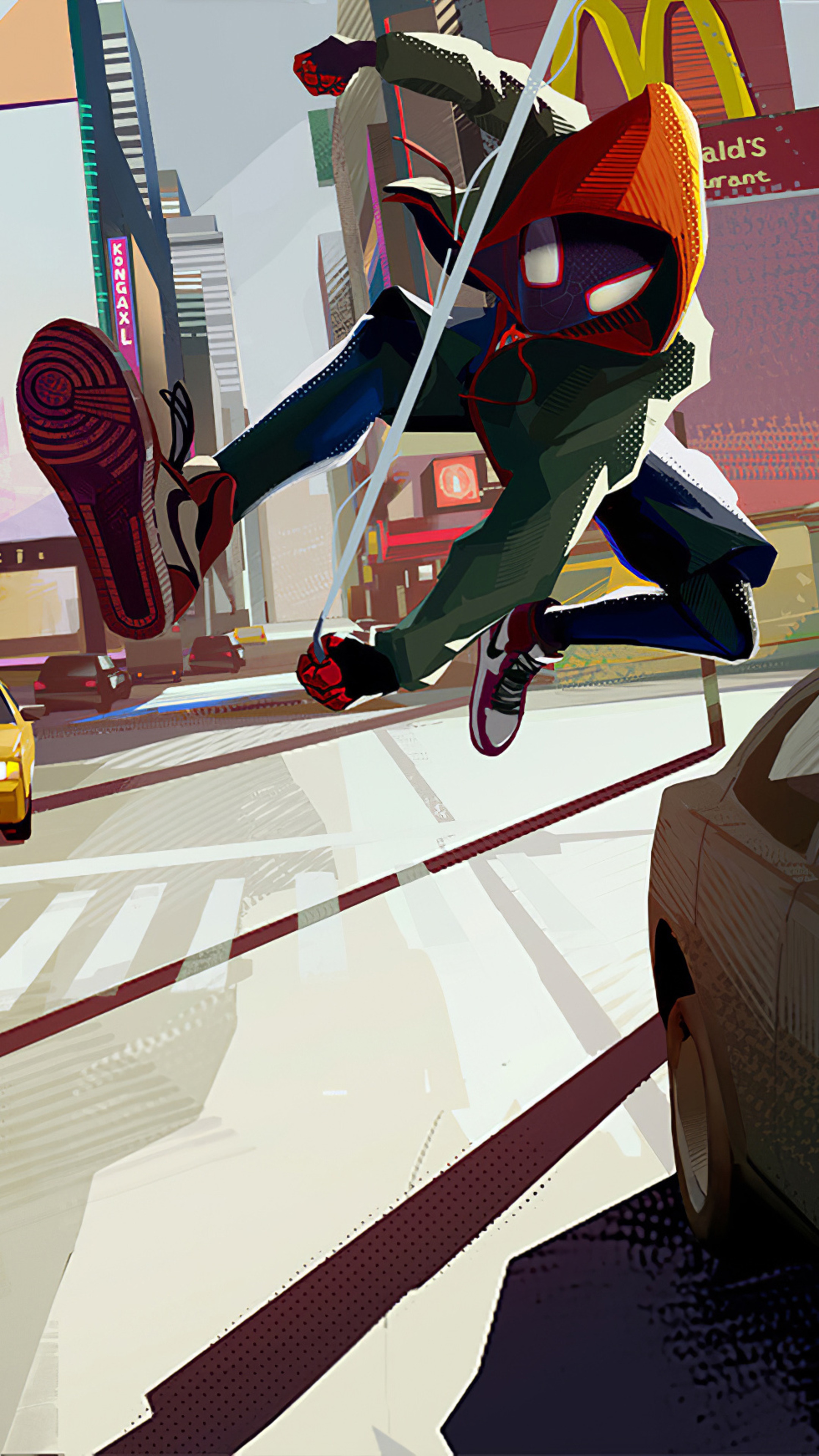 Spider-Man (Miles Morales) swinging through a city HD Phone Wallpaper