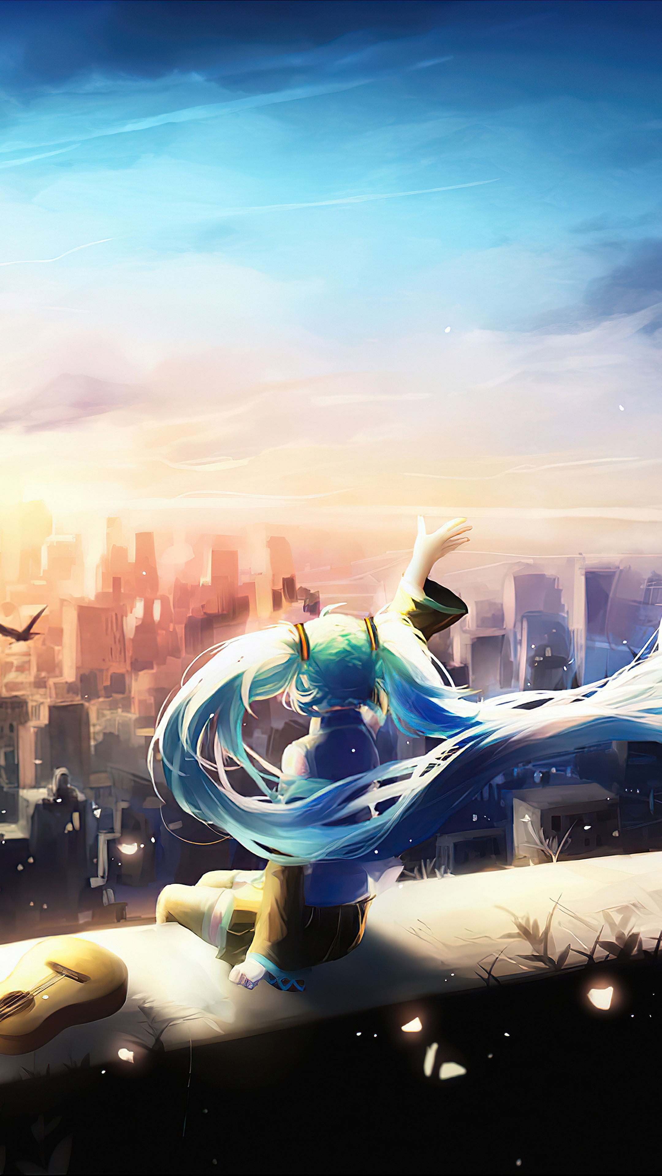 Hatsune Miku from Vocaloid overlooking a city at sunset HD Phone Wallpaper