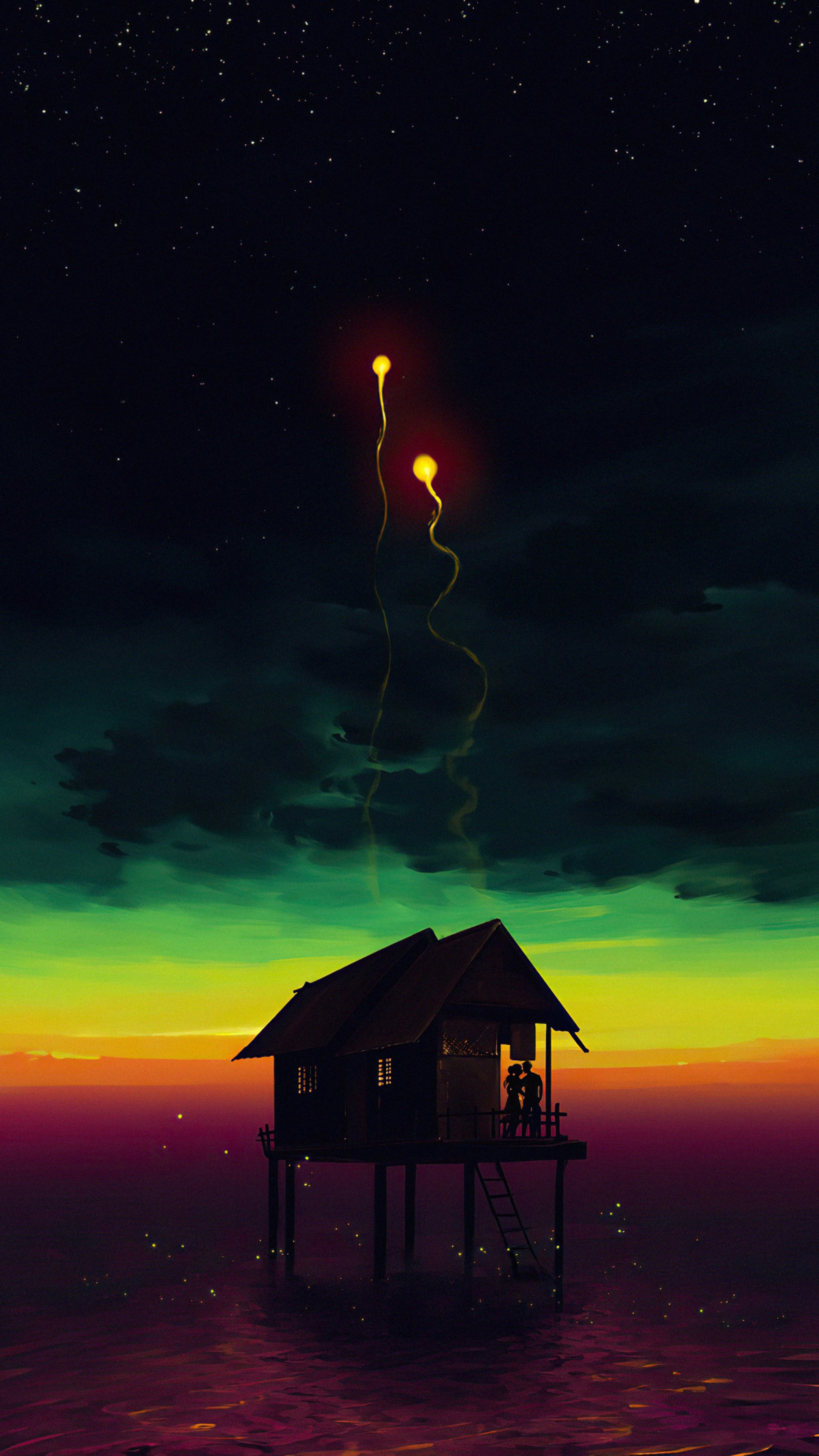 Couple in a hut with lanterns under starry sky HD Phone Wallpaper