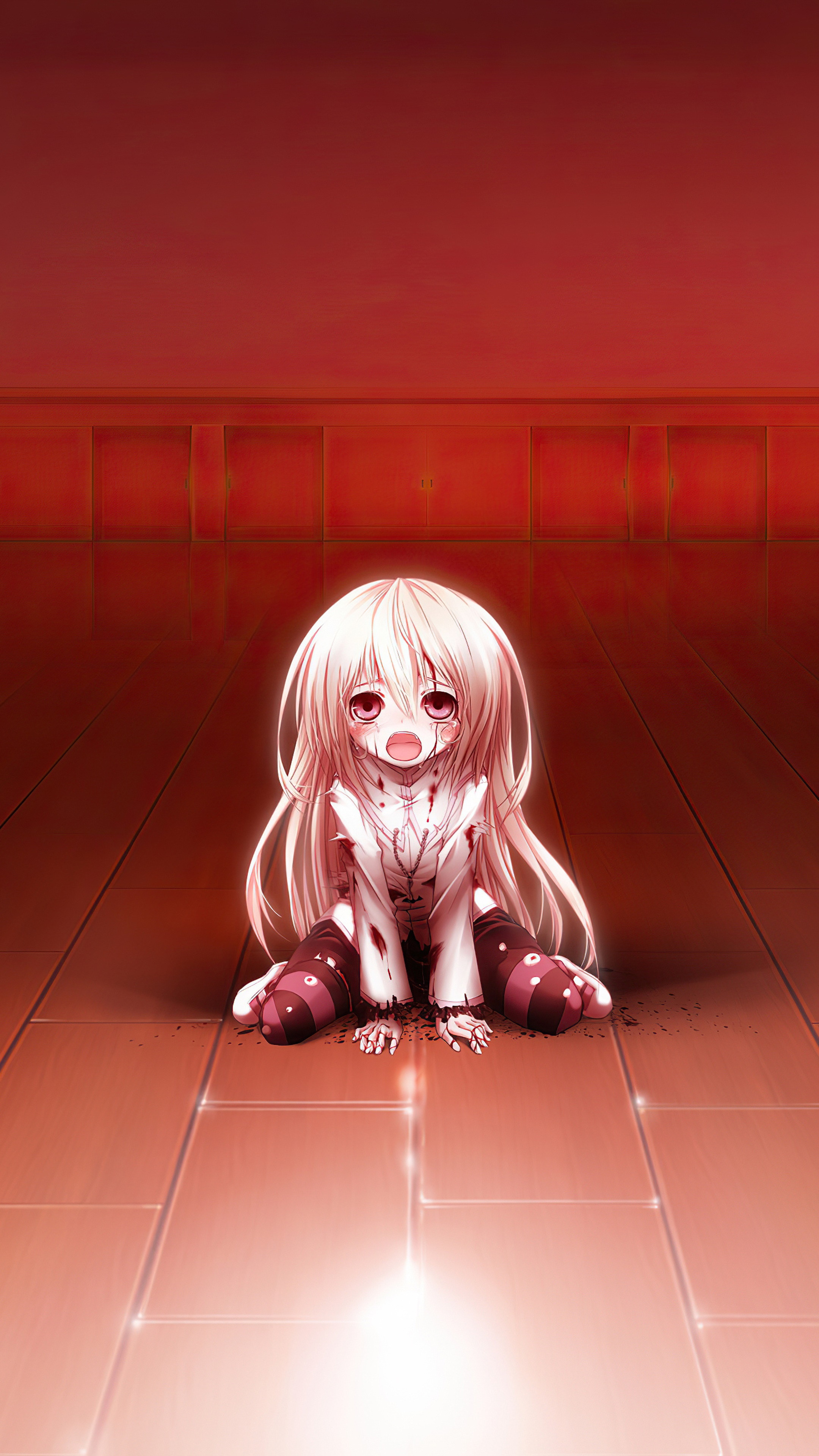 Anime girl sitting on floor covered in blood HD Phone Wallpaper