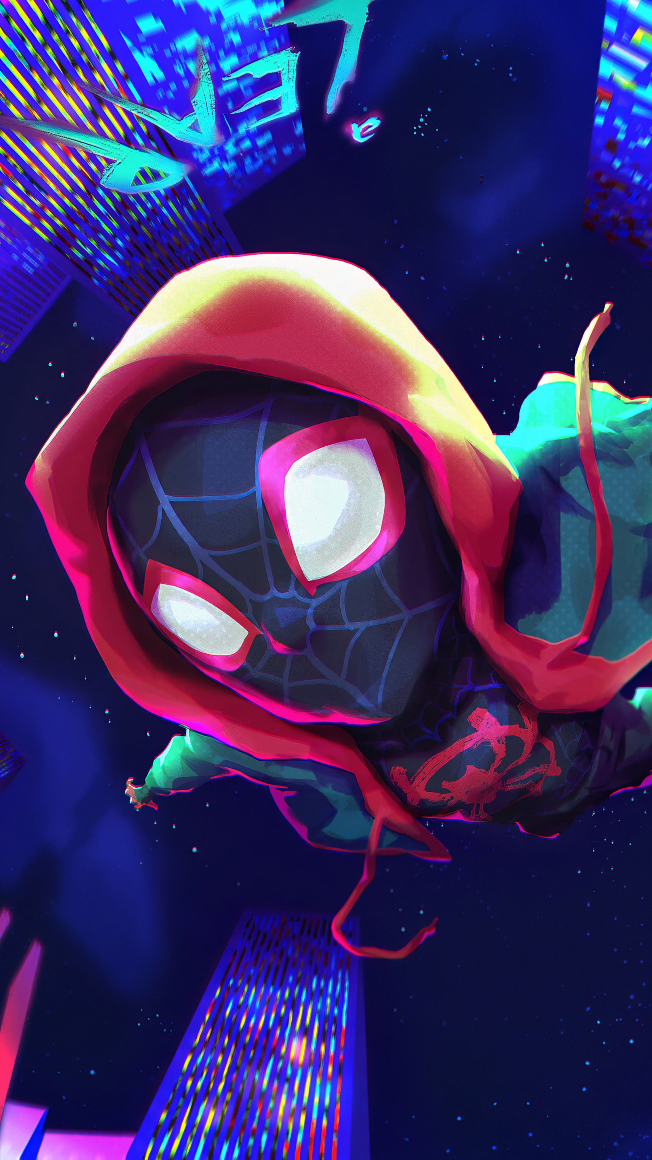 Spider-Man from Spider-Verse flying through a city HD Phone Wallpaper