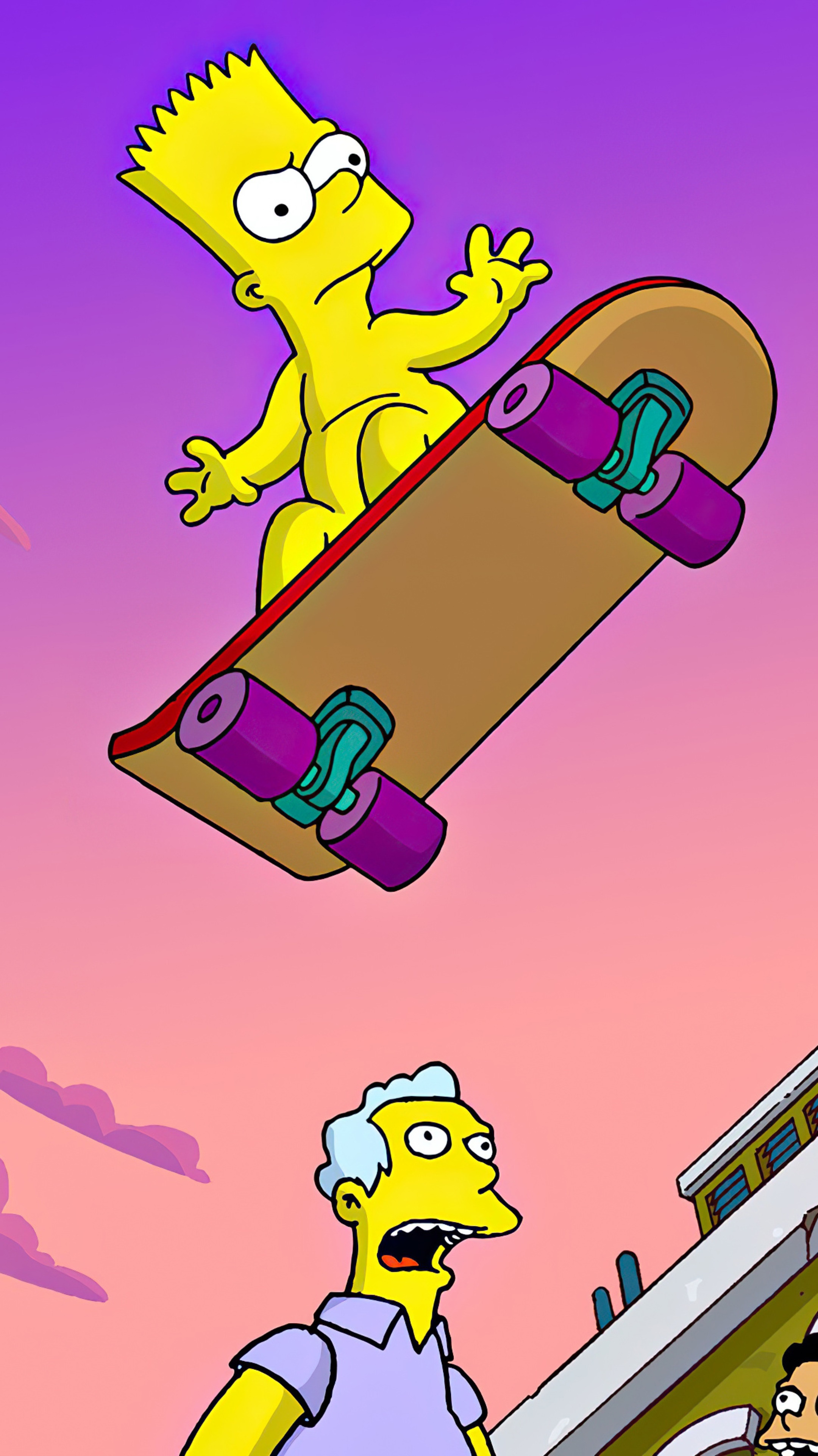 Bart Simpson on a skateboard with Moe Szyslak HD Phone Wallpaper