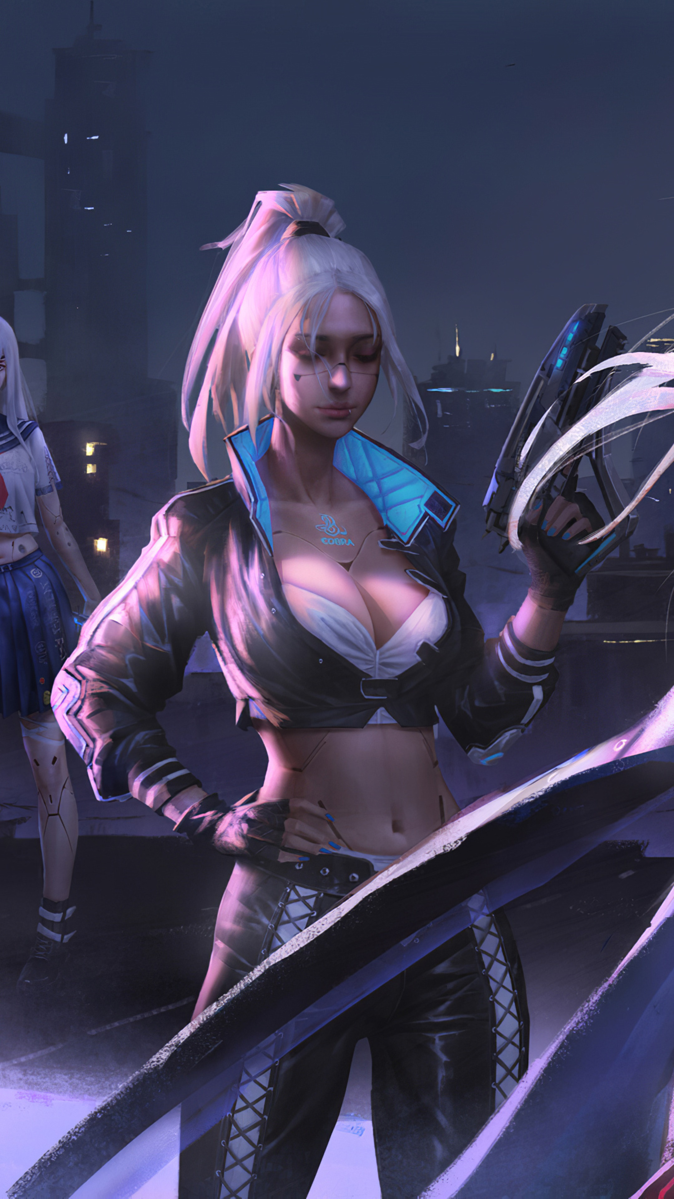Woman with a gun in a cyberpunk city HD Phone Wallpaper
