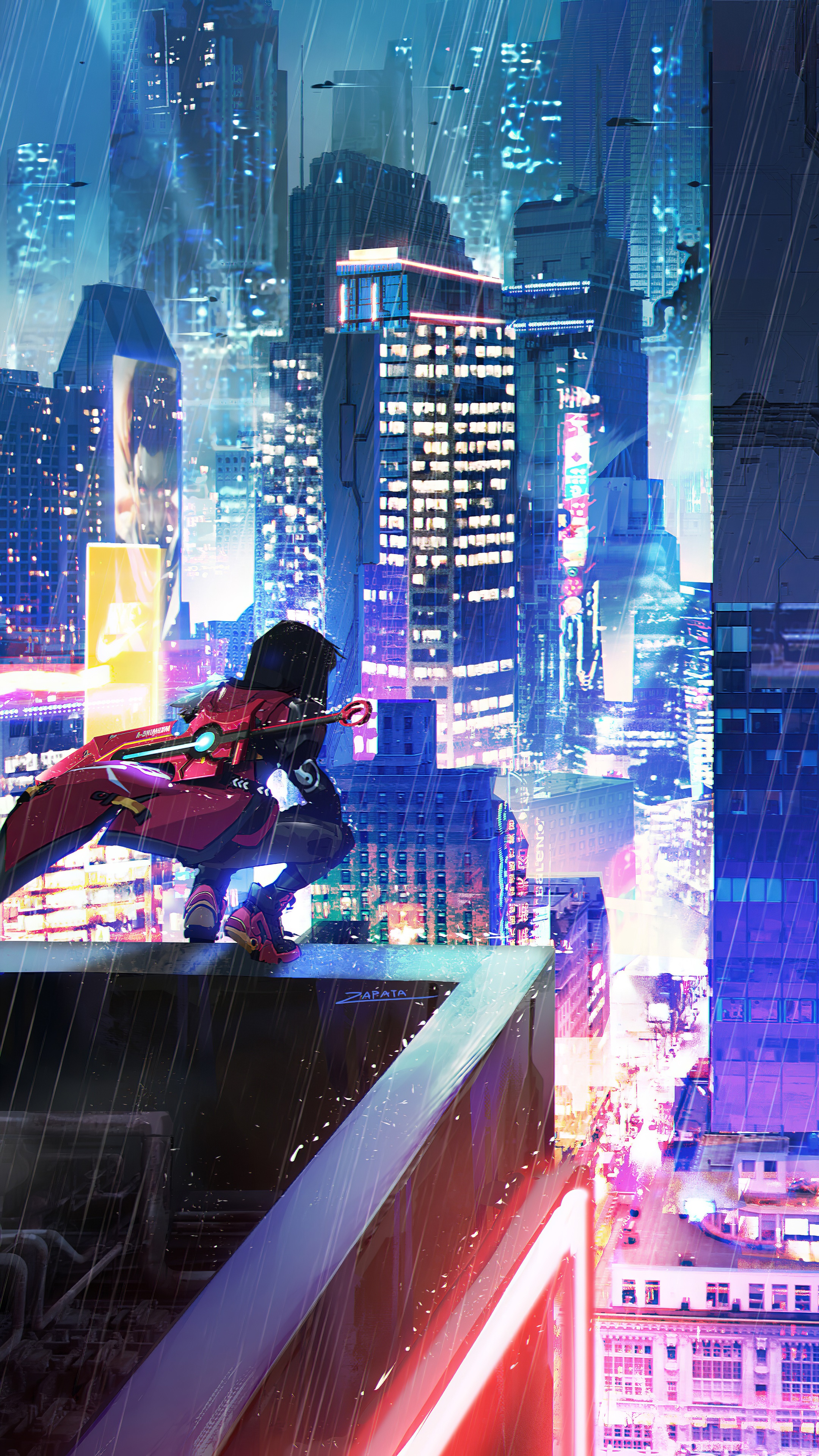 Cyberpunk city at night with a person on a rooftop HD Phone Wallpaper