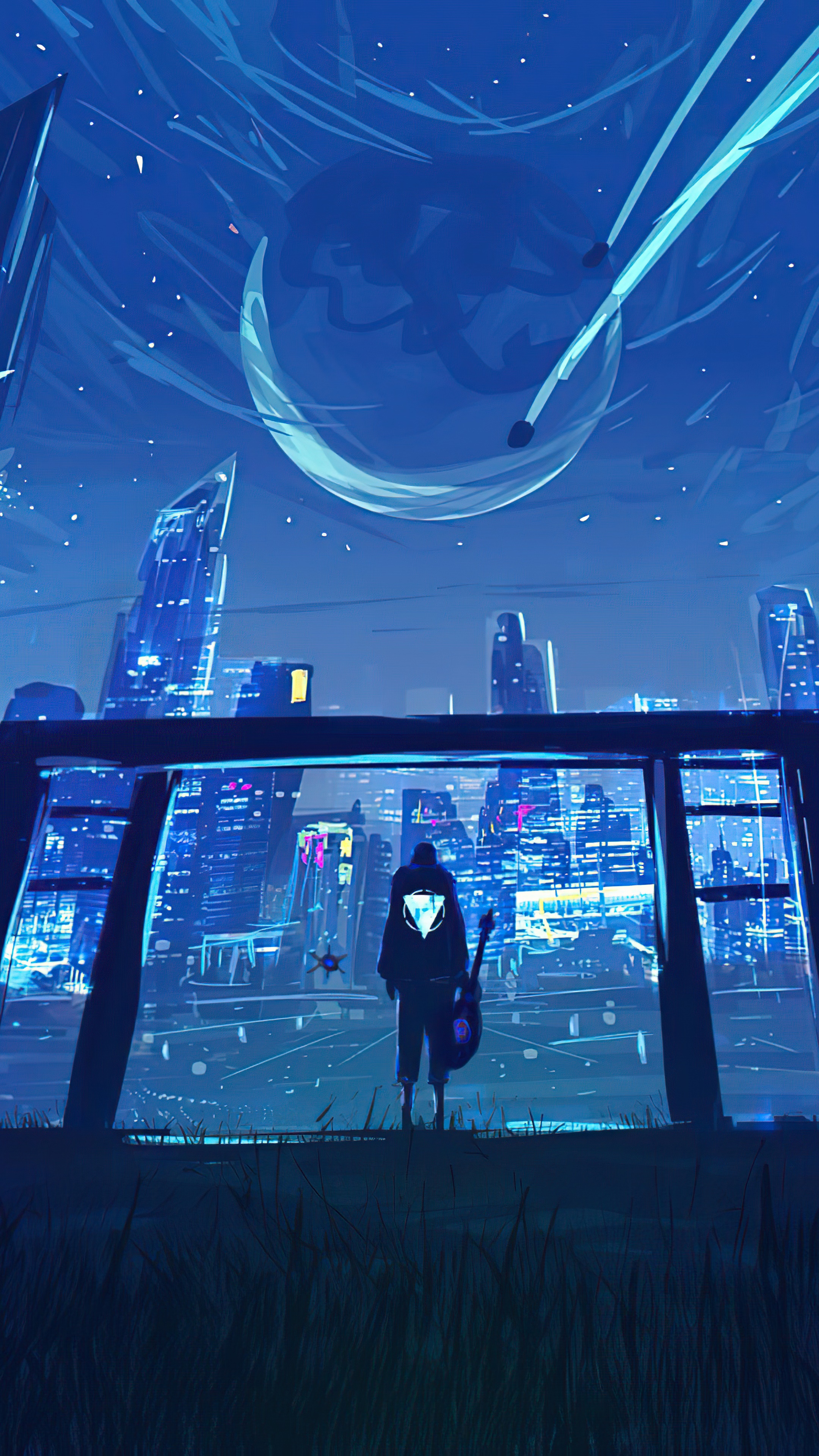 Man with guitar in futuristic city at night HD Phone Wallpaper
