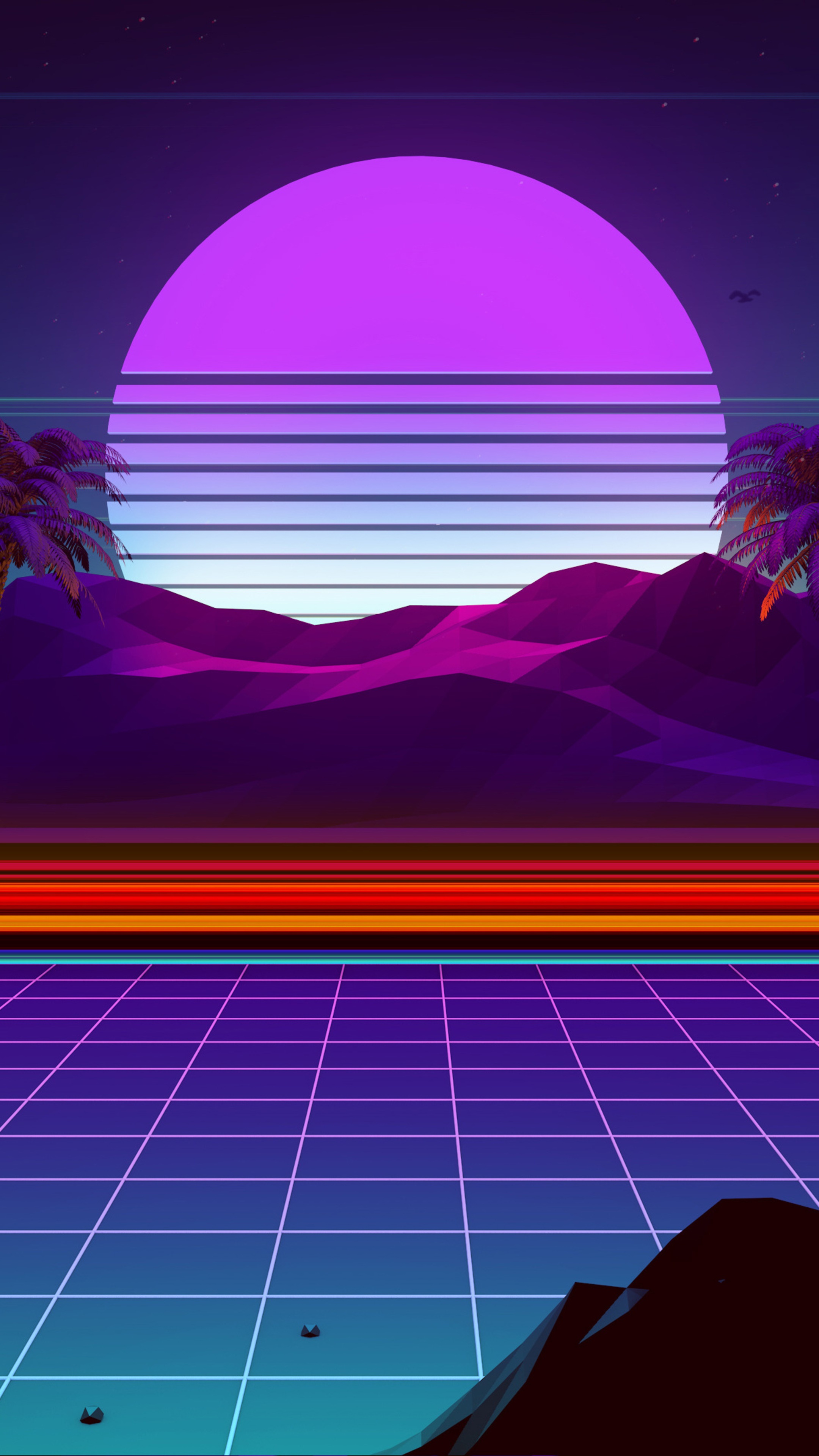 Retrowave digital art with mountains and sunset HD Phone Wallpaper
