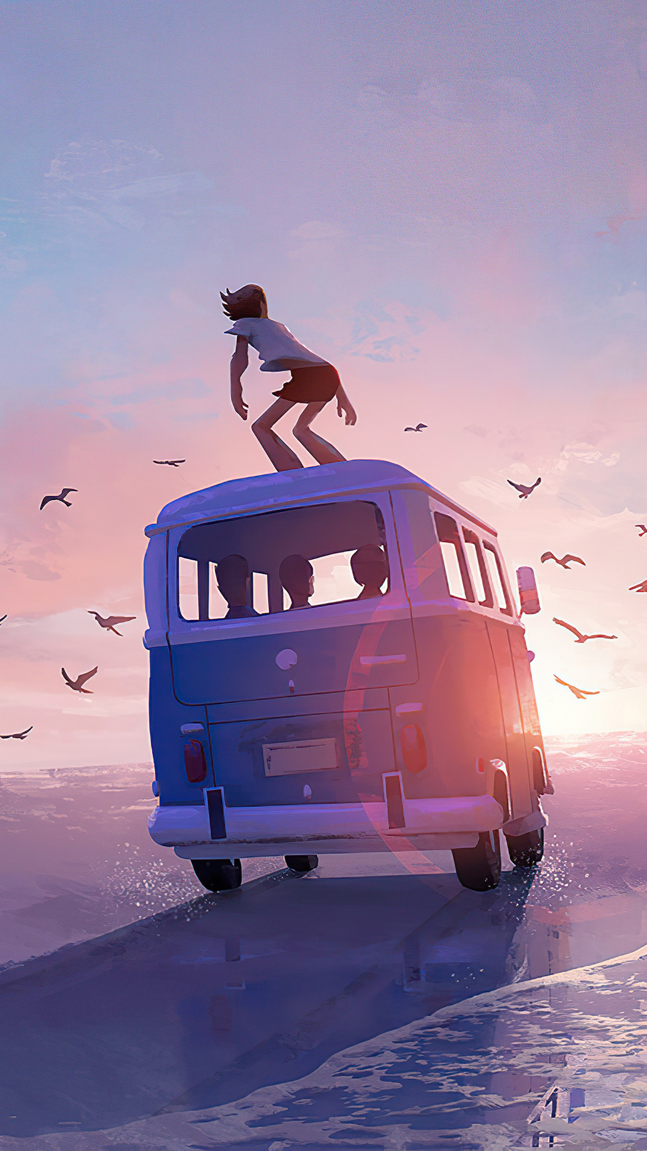 Artwork of a girl on a van at sunset HD Phone Wallpaper