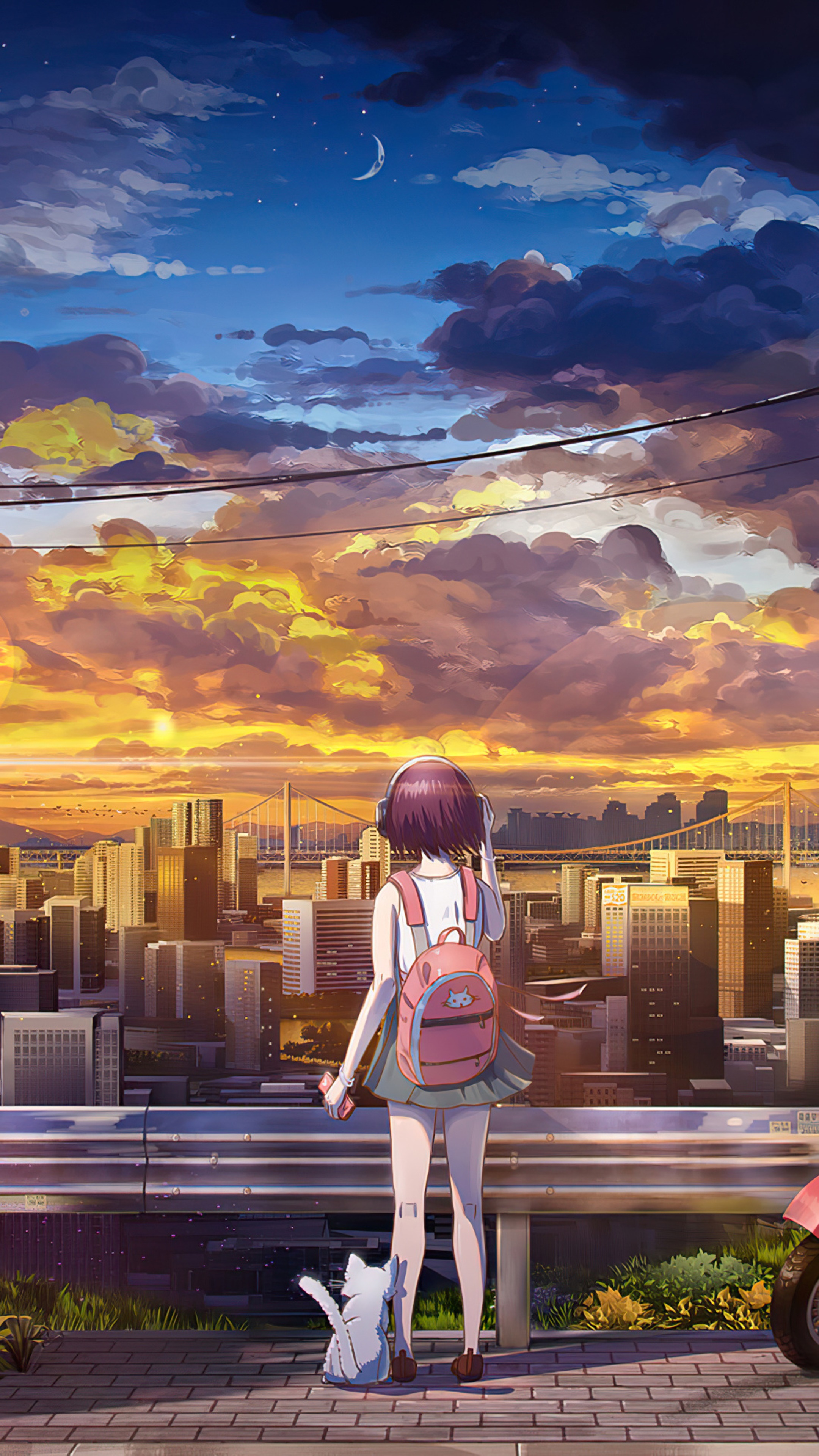 Anime girl with backpack and cat overlooking city at sunset HD Phone Wallpaper