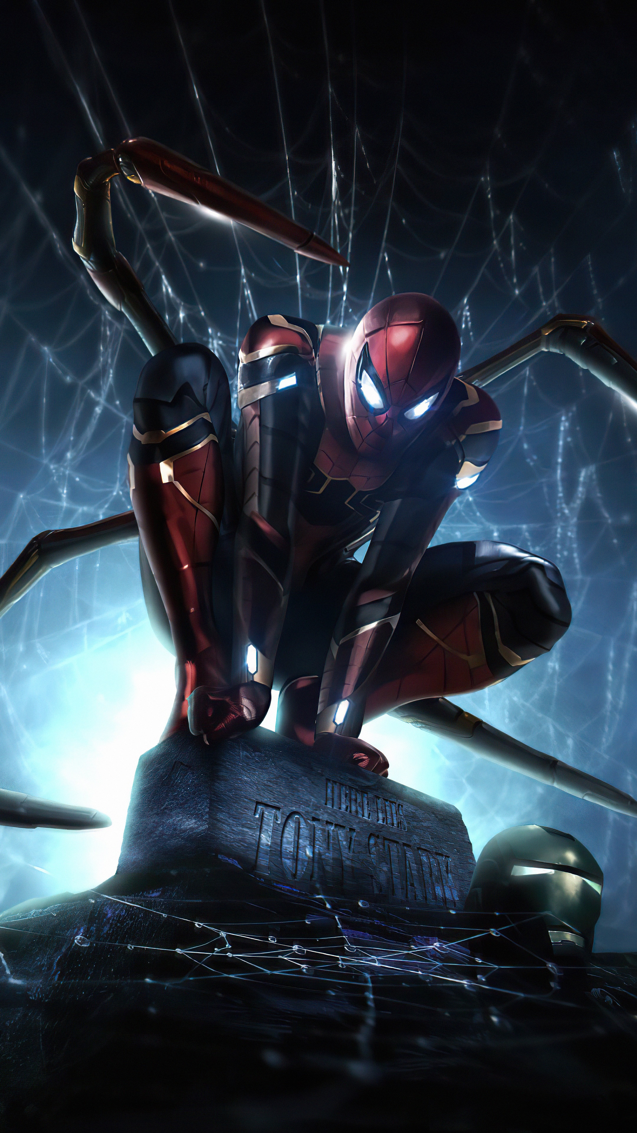 Spider-Man in Iron Spider Suit on Tony Stark's Grave HD Phone Wallpaper