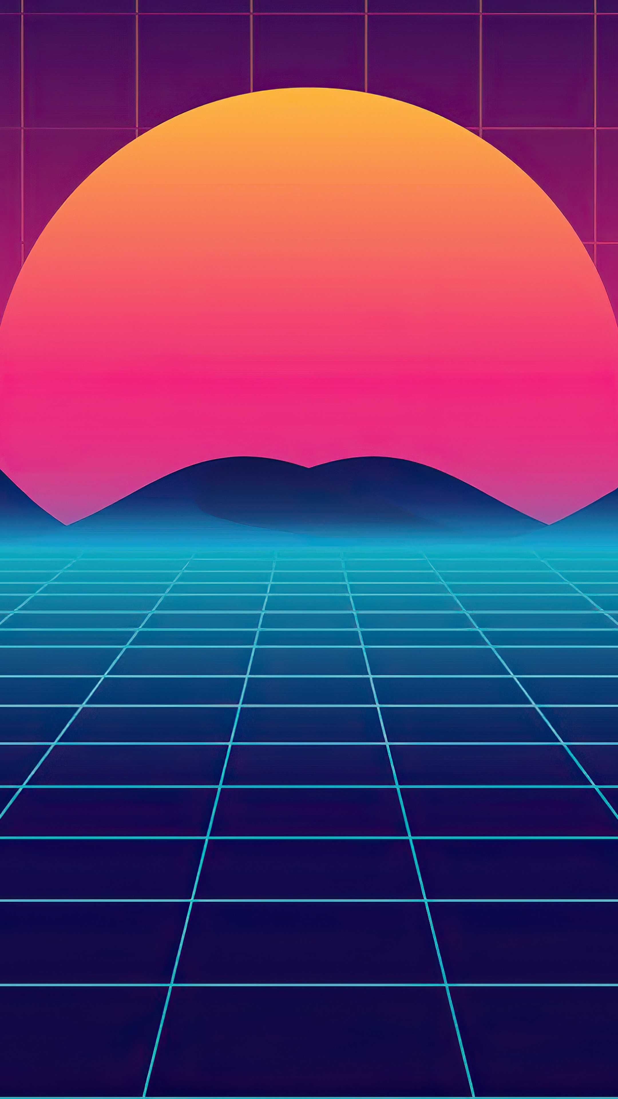 Synthwave digital art with grid and sunset HD Phone Wallpaper