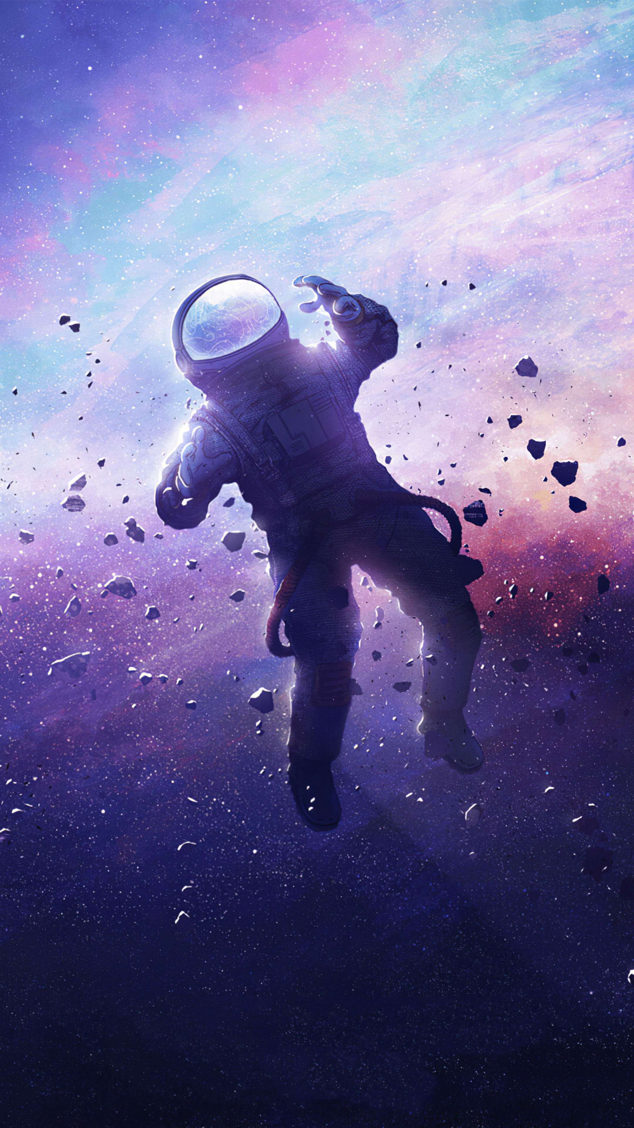 Astronaut floating in space with asteroids HD Phone Wallpaper