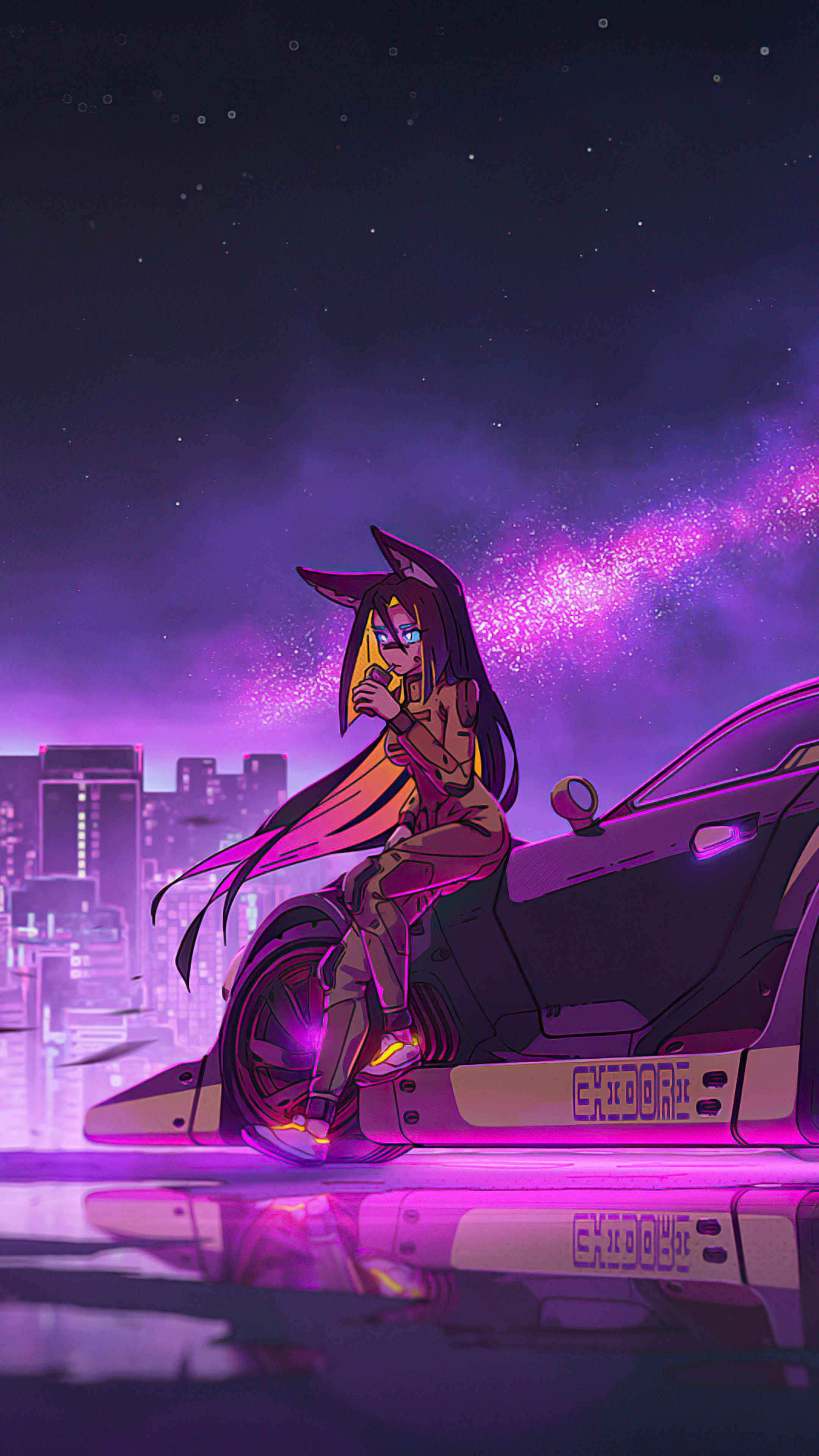 Anime girl with fox ears sitting on a futuristic car HD Phone Wallpaper