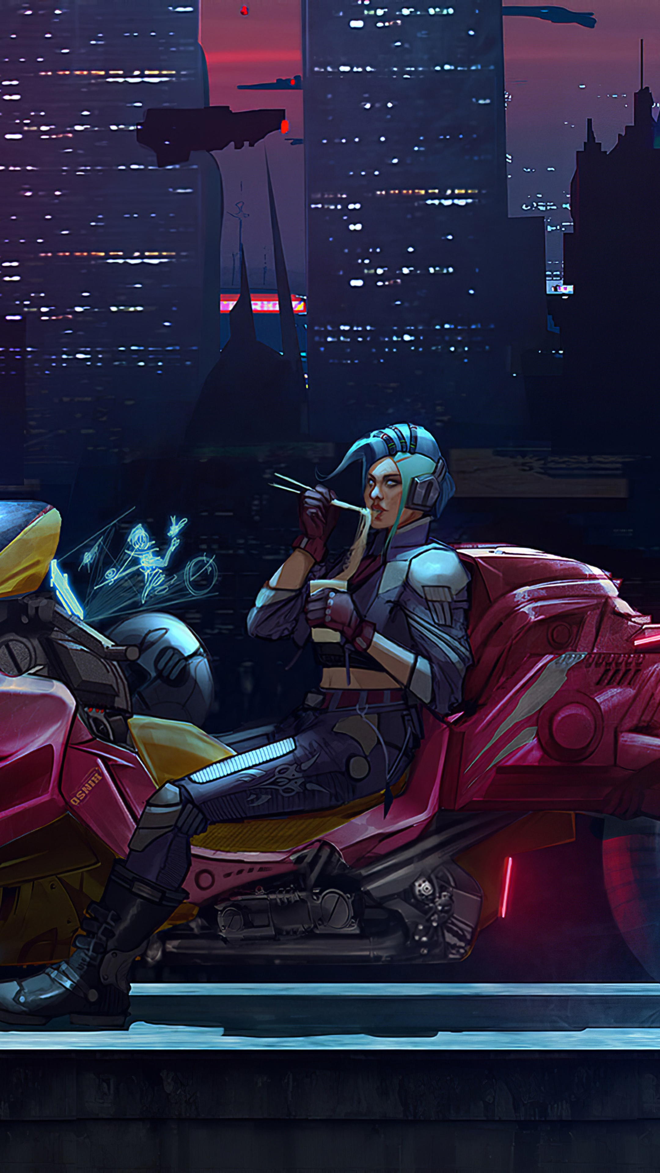 Cyberpunk woman eating noodles on a motorcycle HD Phone Wallpaper