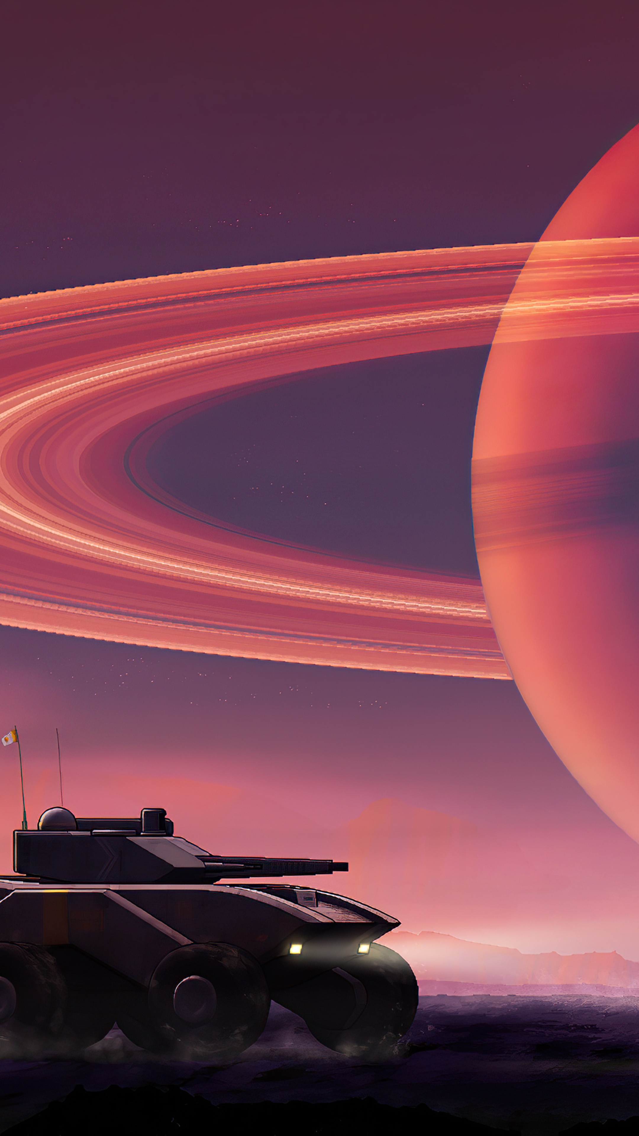 Tank on an alien planet with Saturn-like rings HD Phone Wallpaper