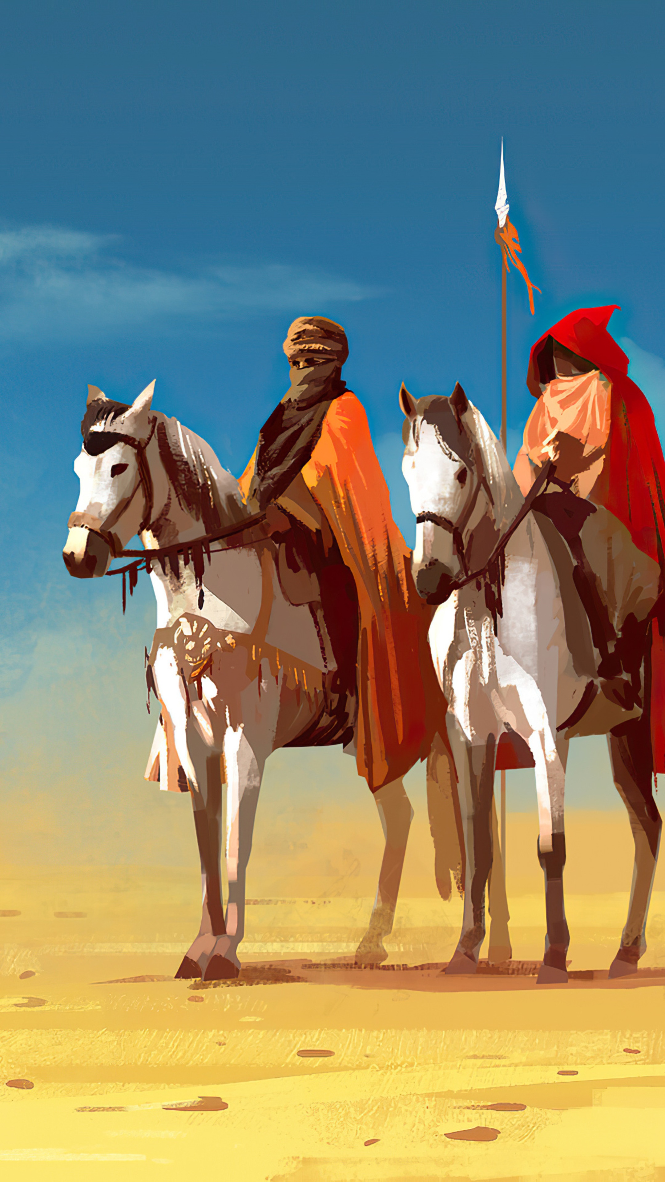 Digital art of two figures on horseback in a desert HD Phone Wallpaper