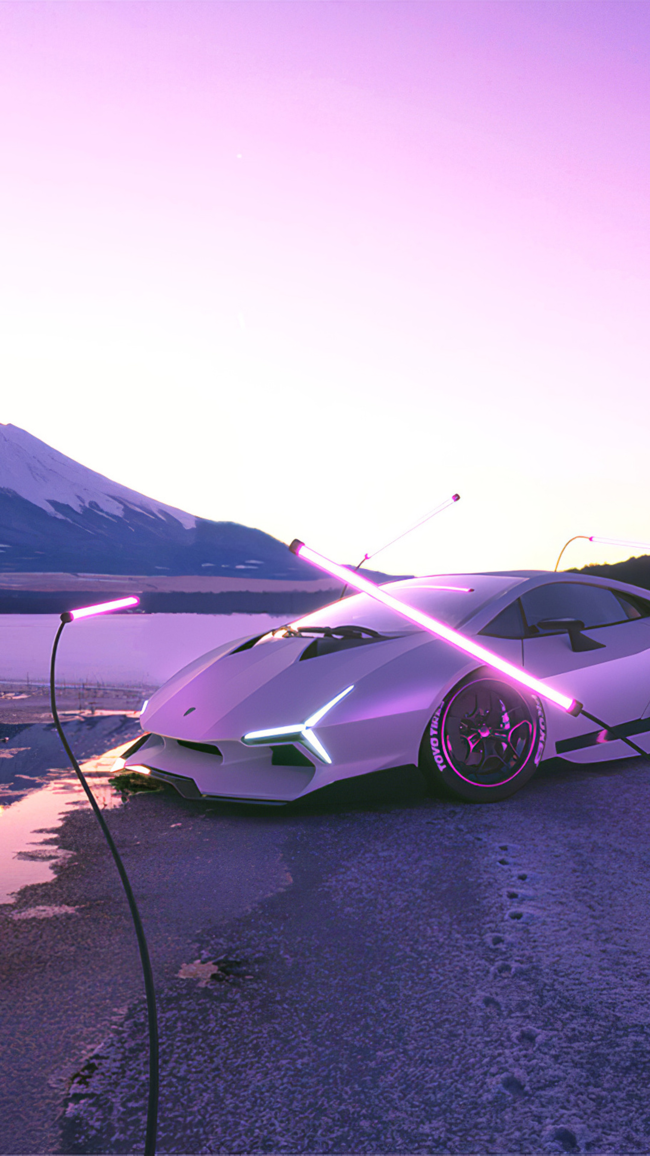 Lamborghini Huracan with neon lights on icy landscape HD Phone Wallpaper
