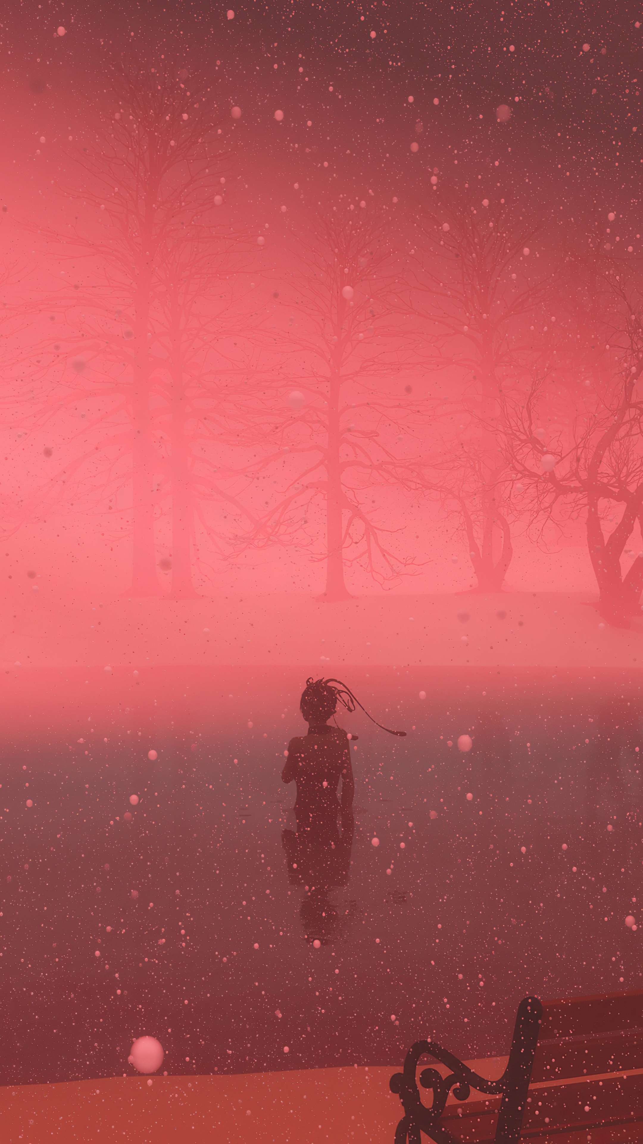 Artwork of a figure in a red, misty forest HD Phone Wallpaper