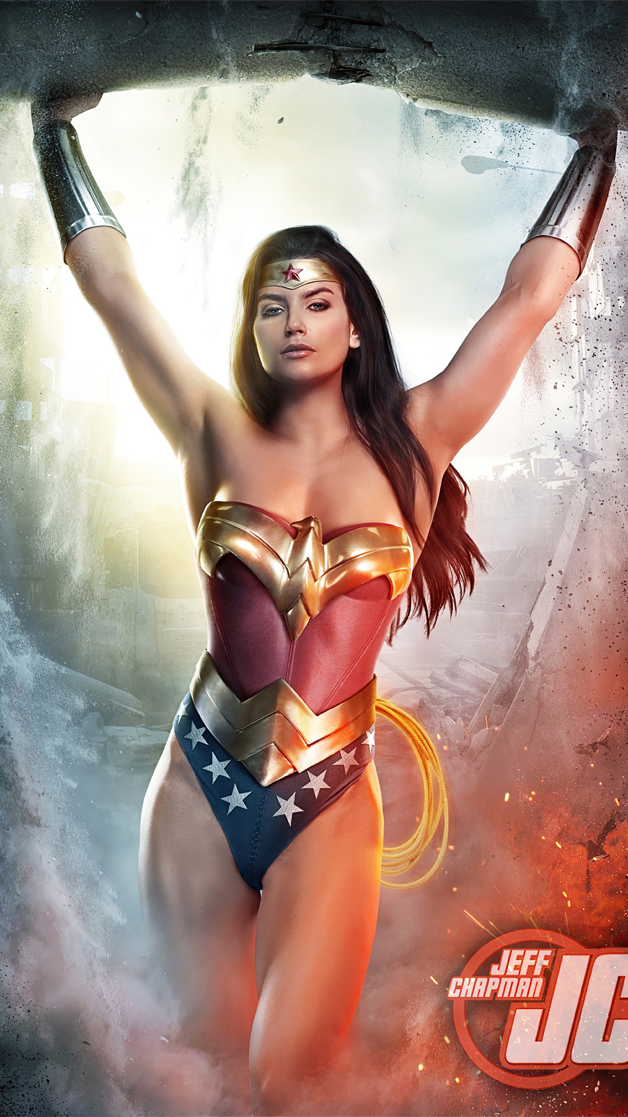 Wonder Woman cosplay holding up a concrete structure HD Phone Wallpaper