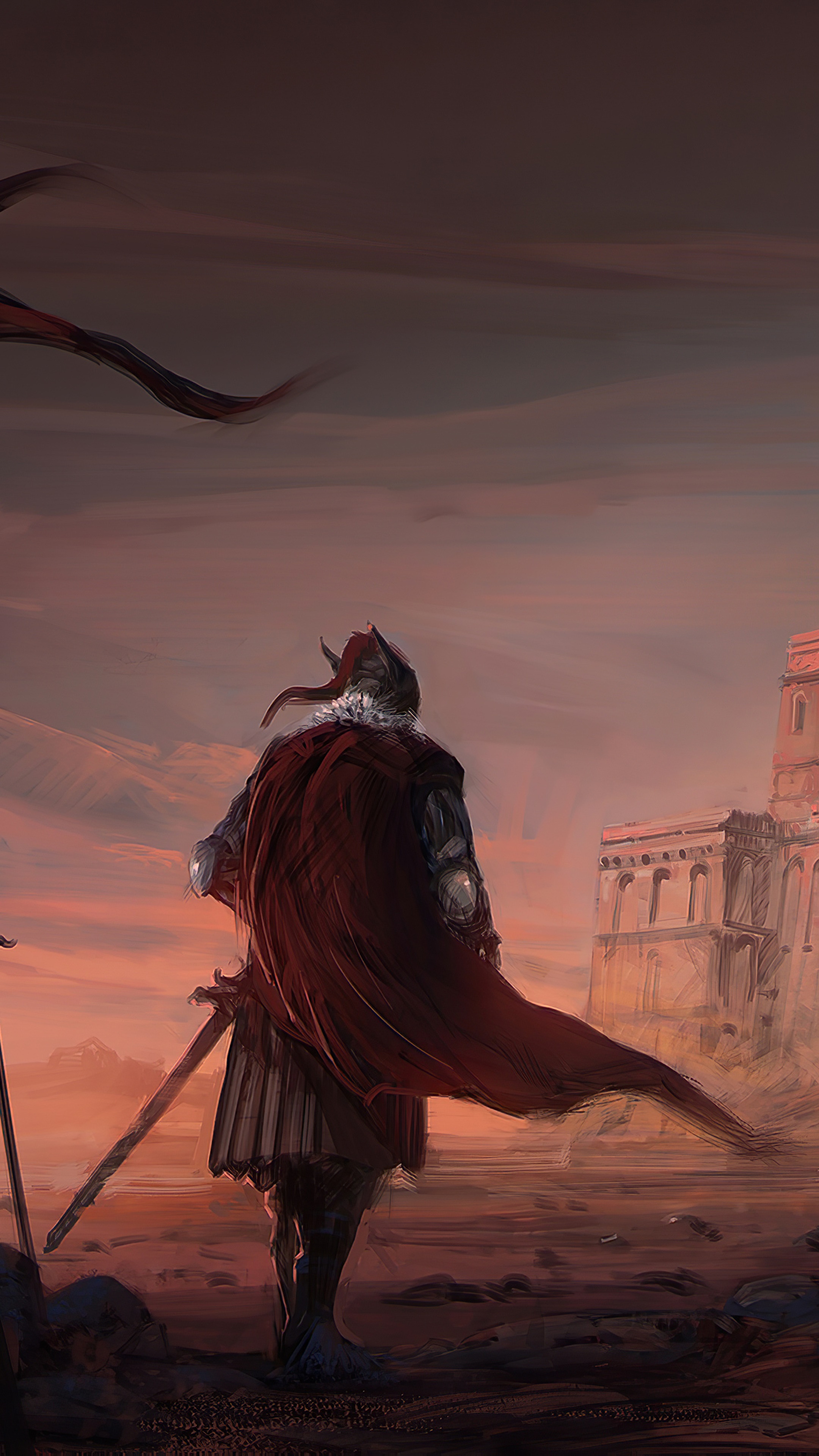Artwork of a knight in a red cape HD Phone Wallpaper