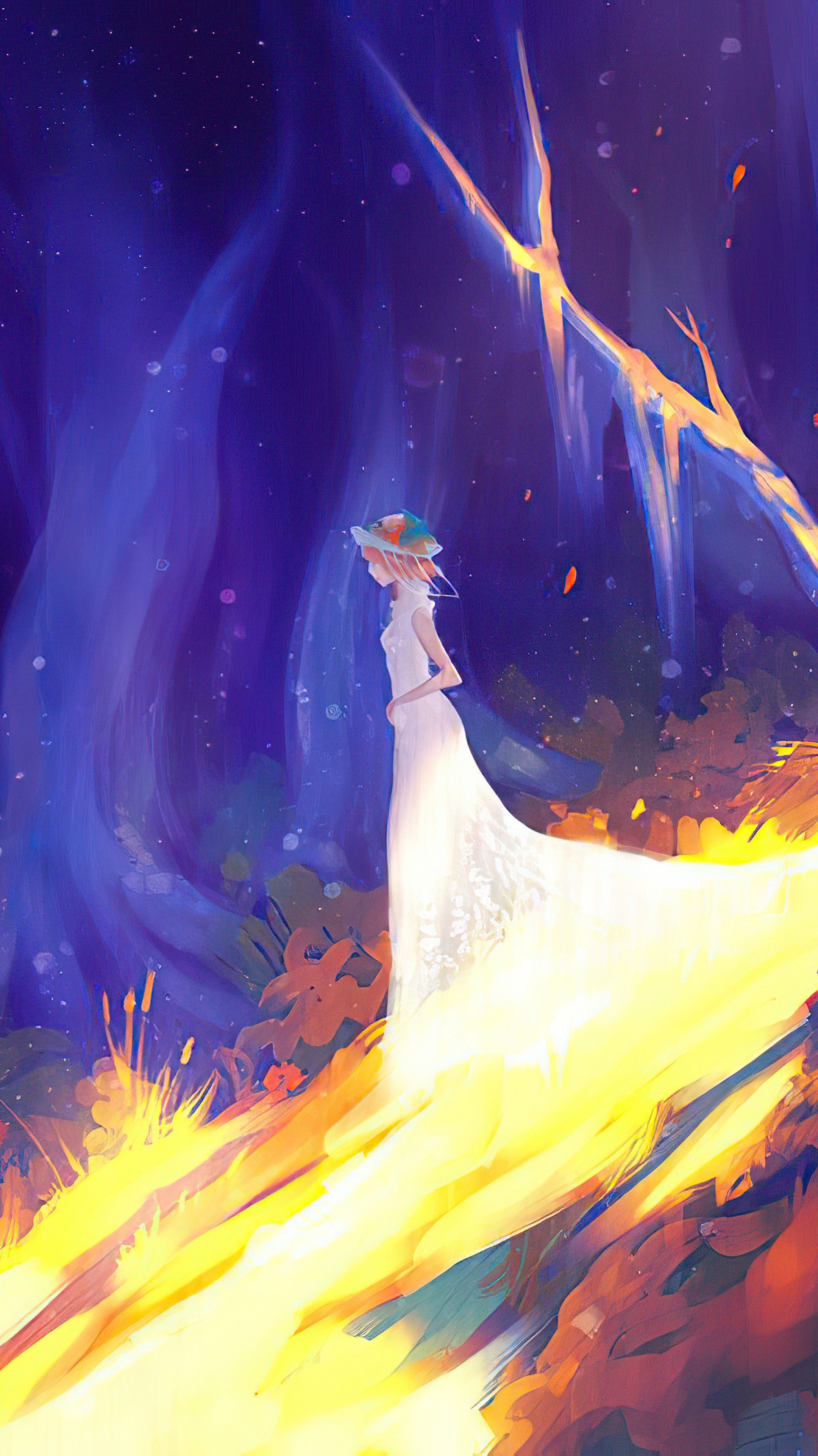 Girl in white dress in a surreal forest HD Phone Wallpaper