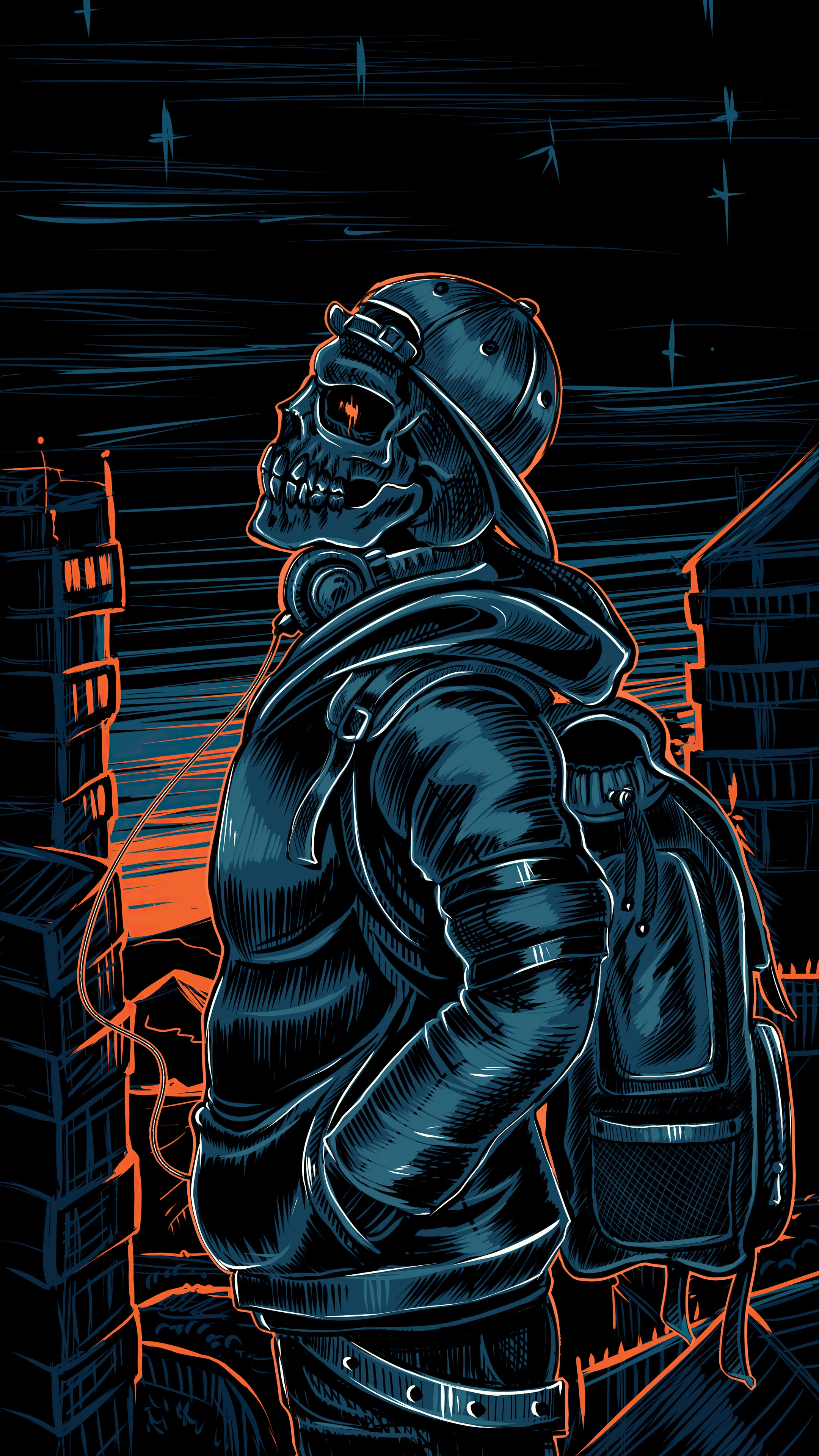 Skull with headphones and backpack in city at night HD Phone Wallpaper