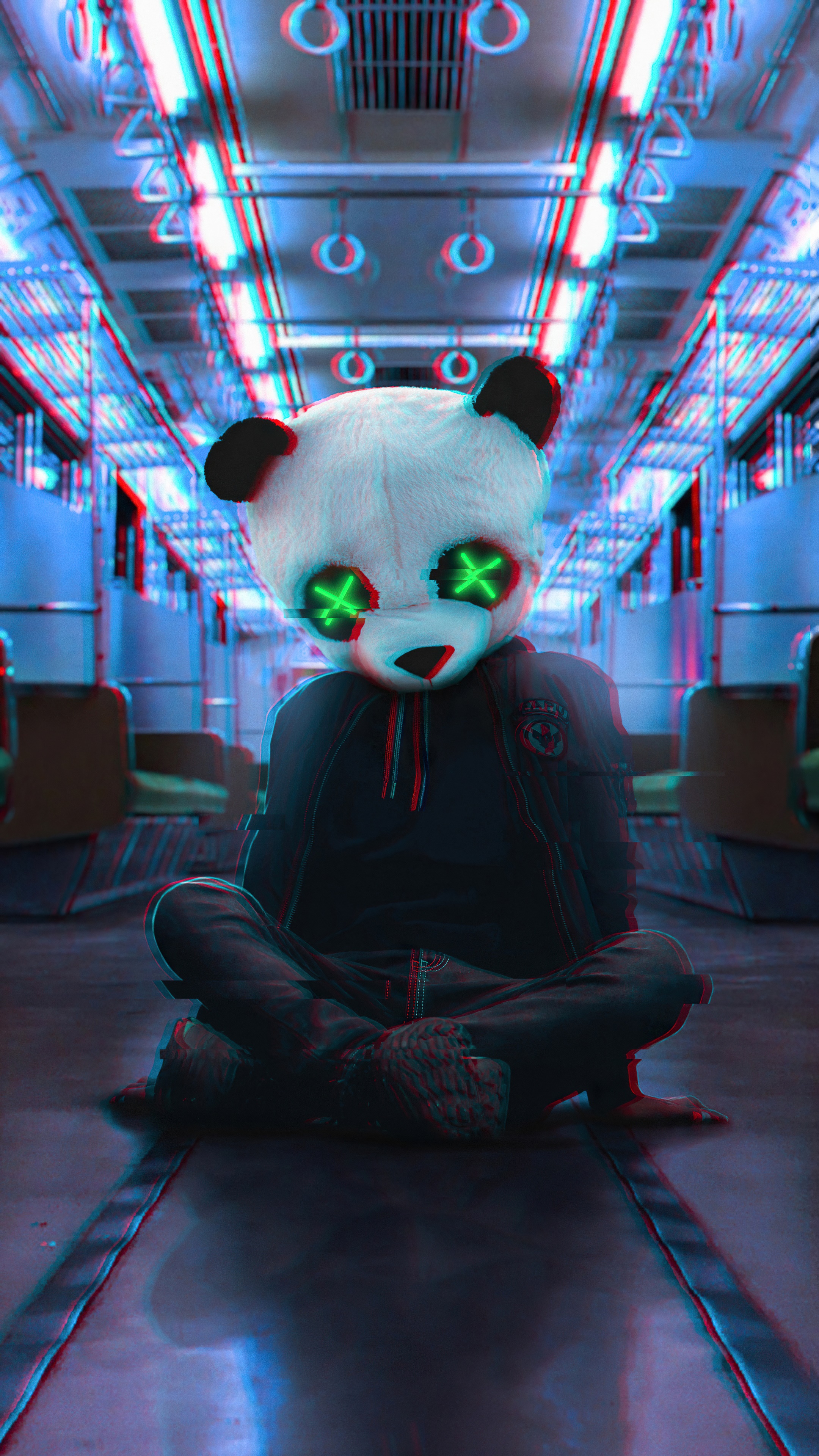 Panda character with glowing eyes in a train HD Phone Wallpaper
