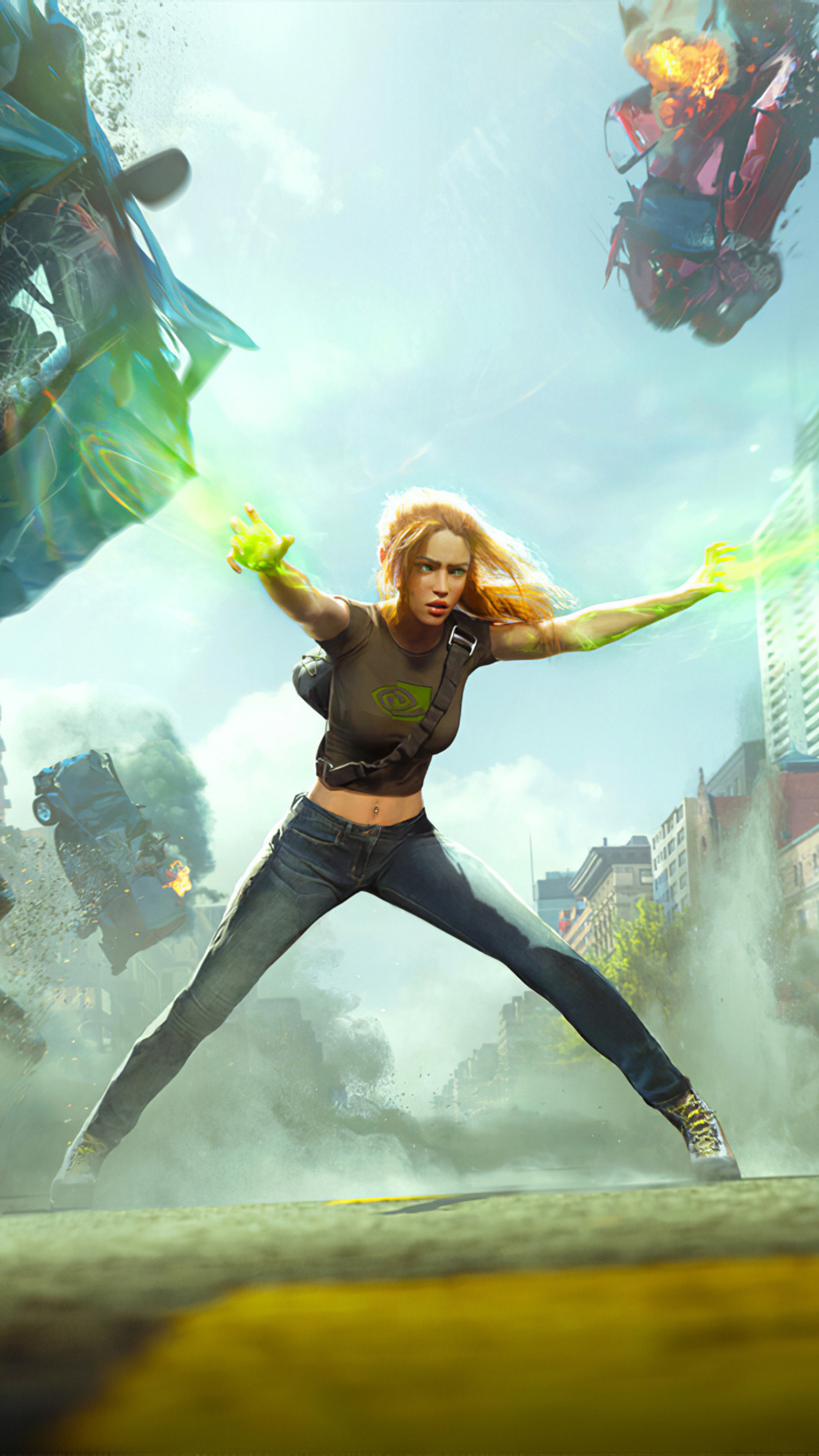 Woman using green energy in a city destruction scene HD Phone Wallpaper