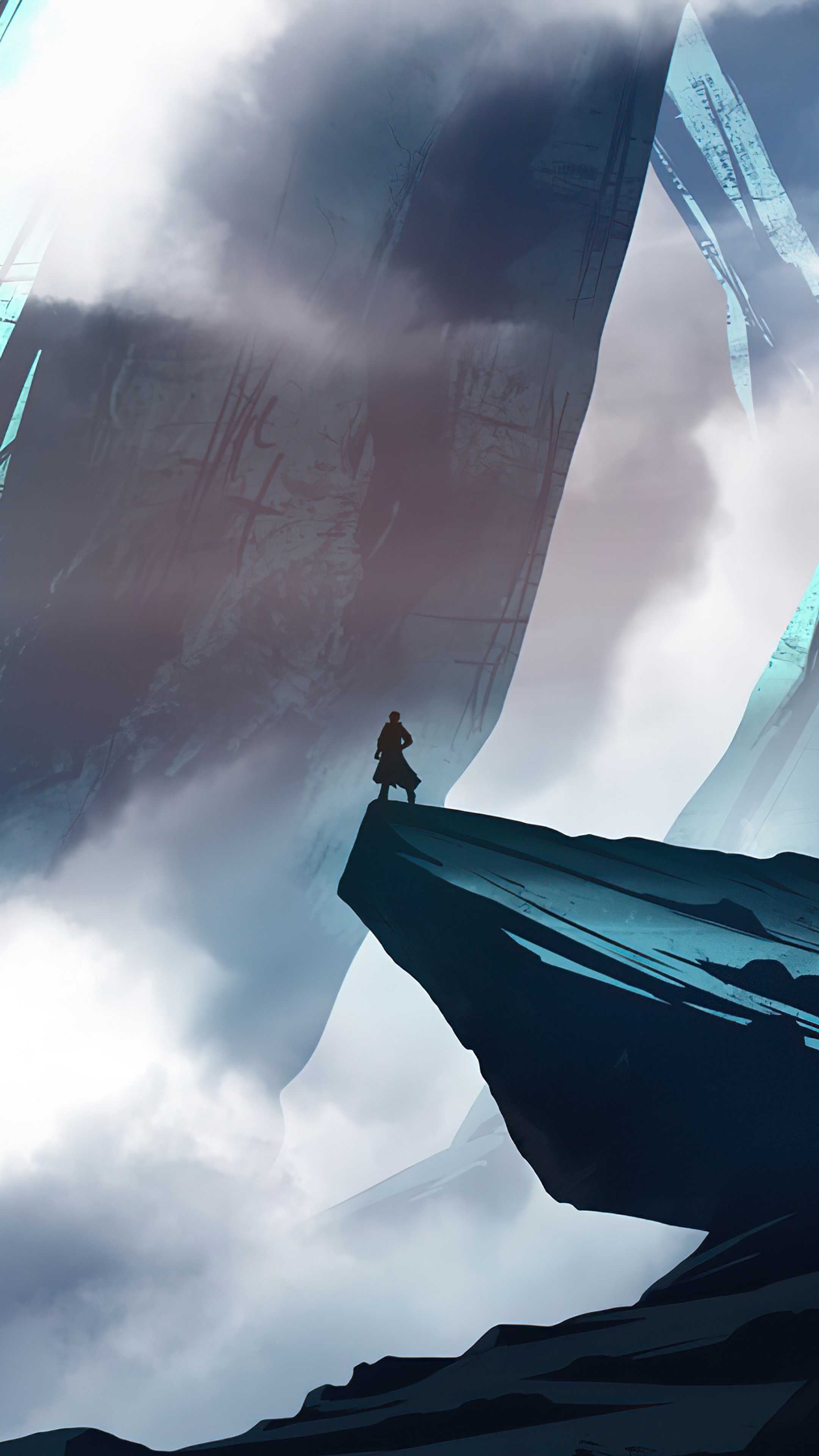 Figure on a cliff overlooking a misty canyon HD Phone Wallpaper