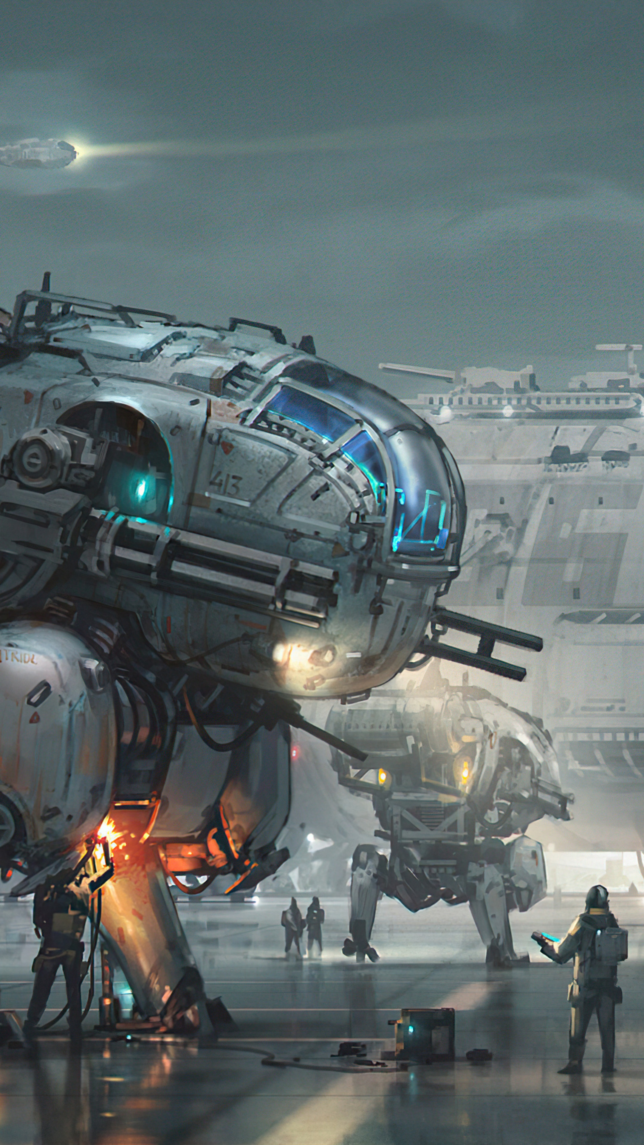 Mechs and soldiers on a futuristic landing pad HD Phone Wallpaper