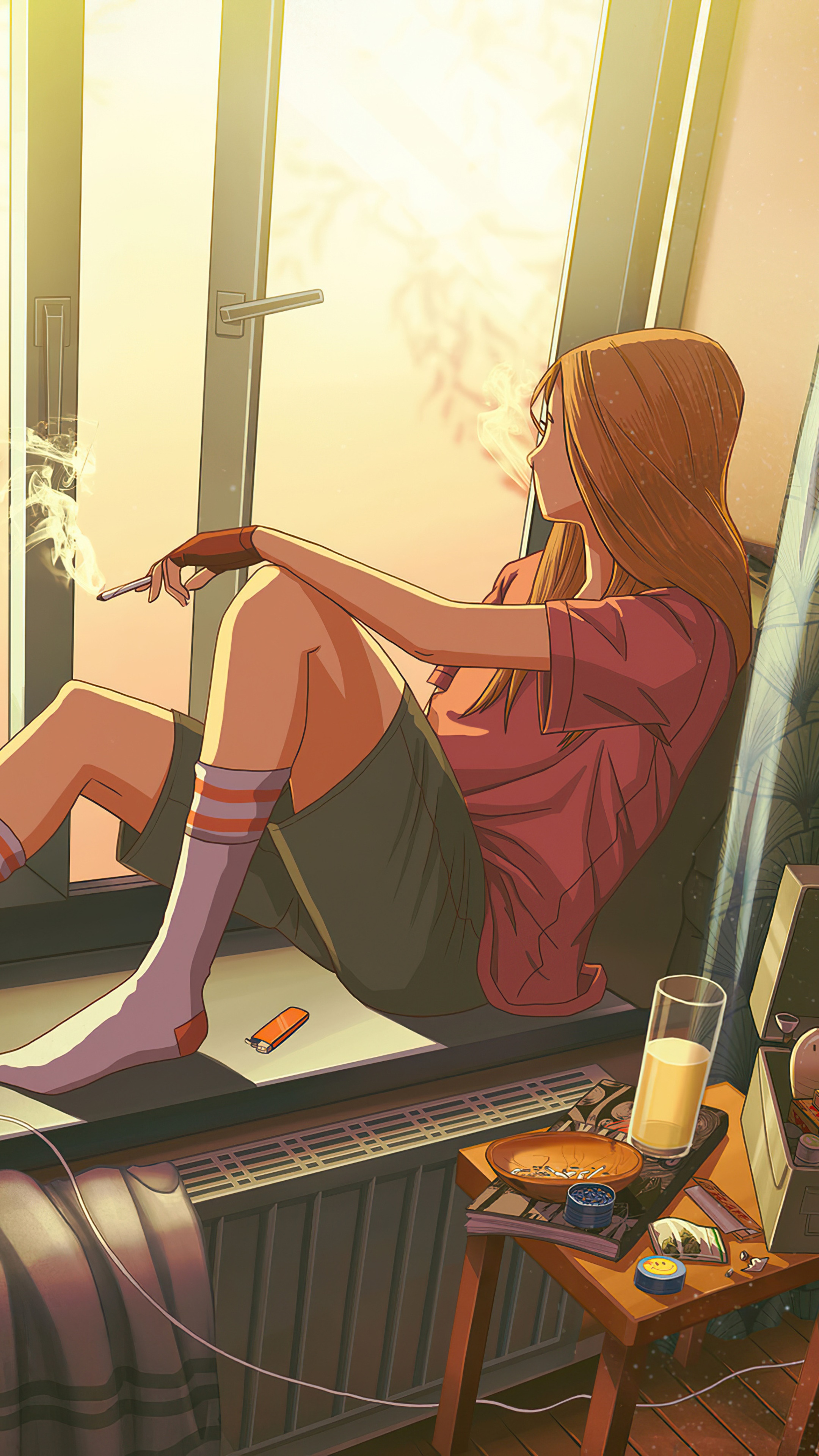 Girl smoking by the window at sunset HD Phone Wallpaper