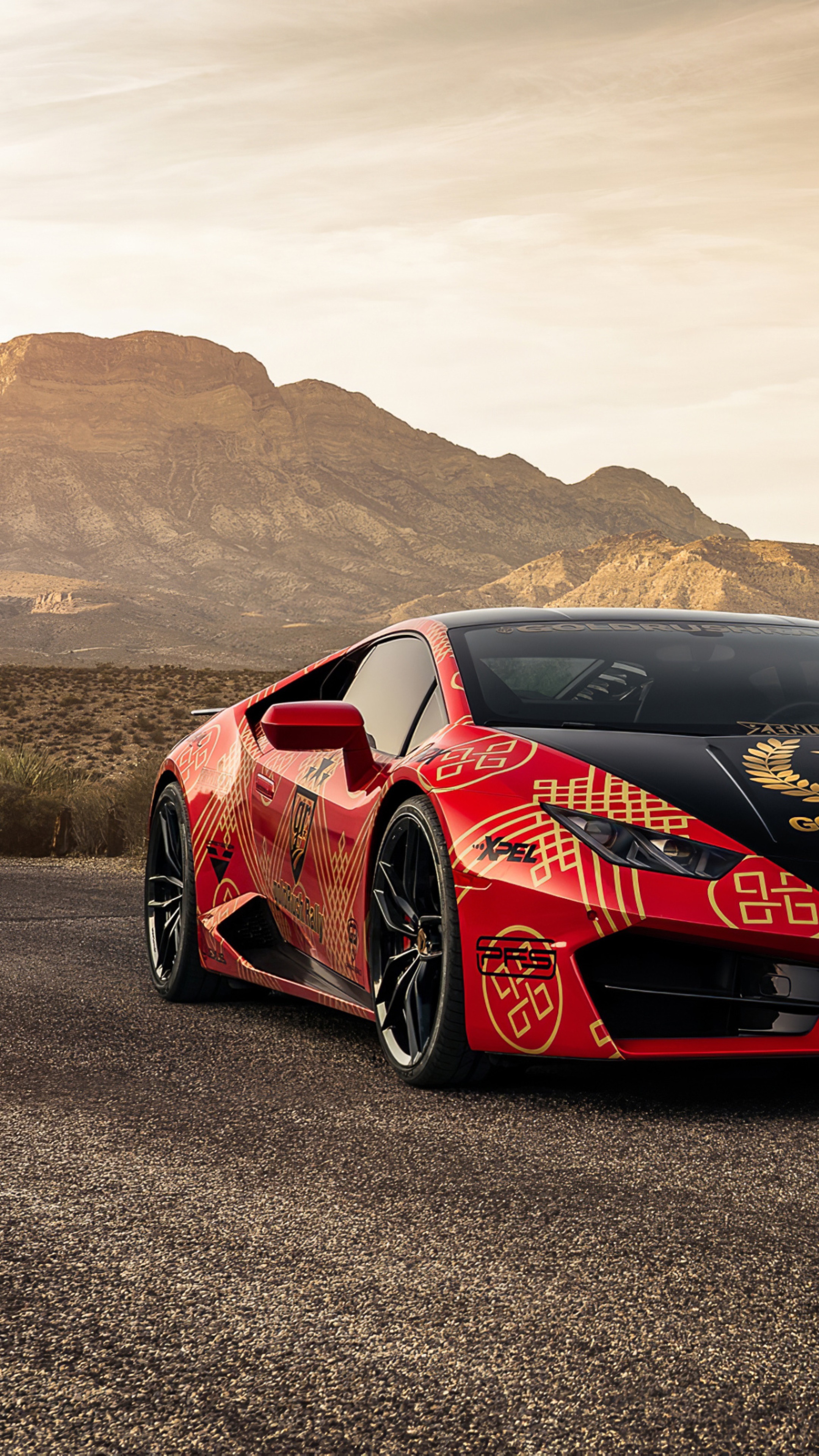 Red Lamborghini Huracan with gold pattern HD Phone Wallpaper