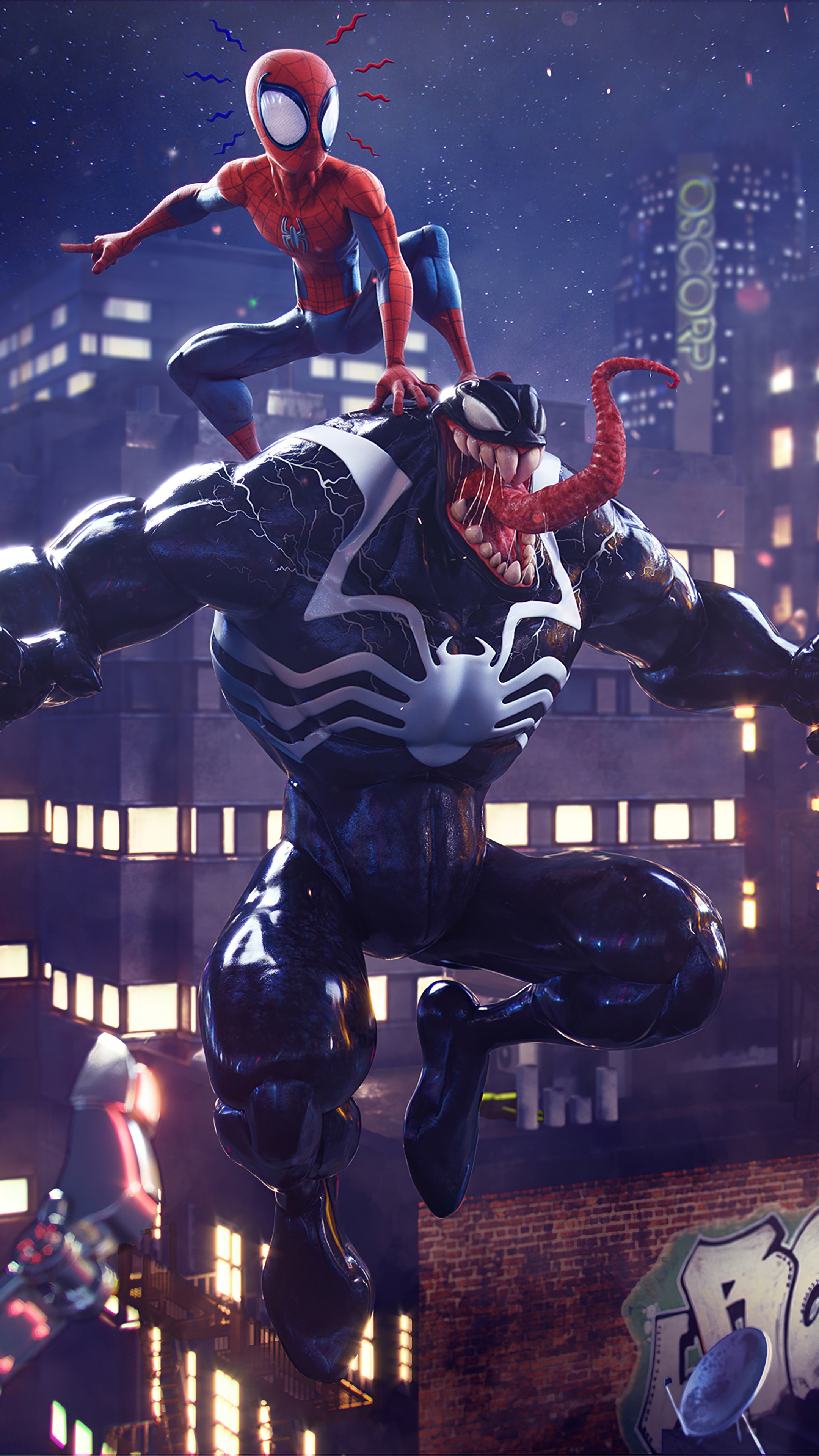 Spider-Man and Venom in a City at Night HD Phone Wallpaper