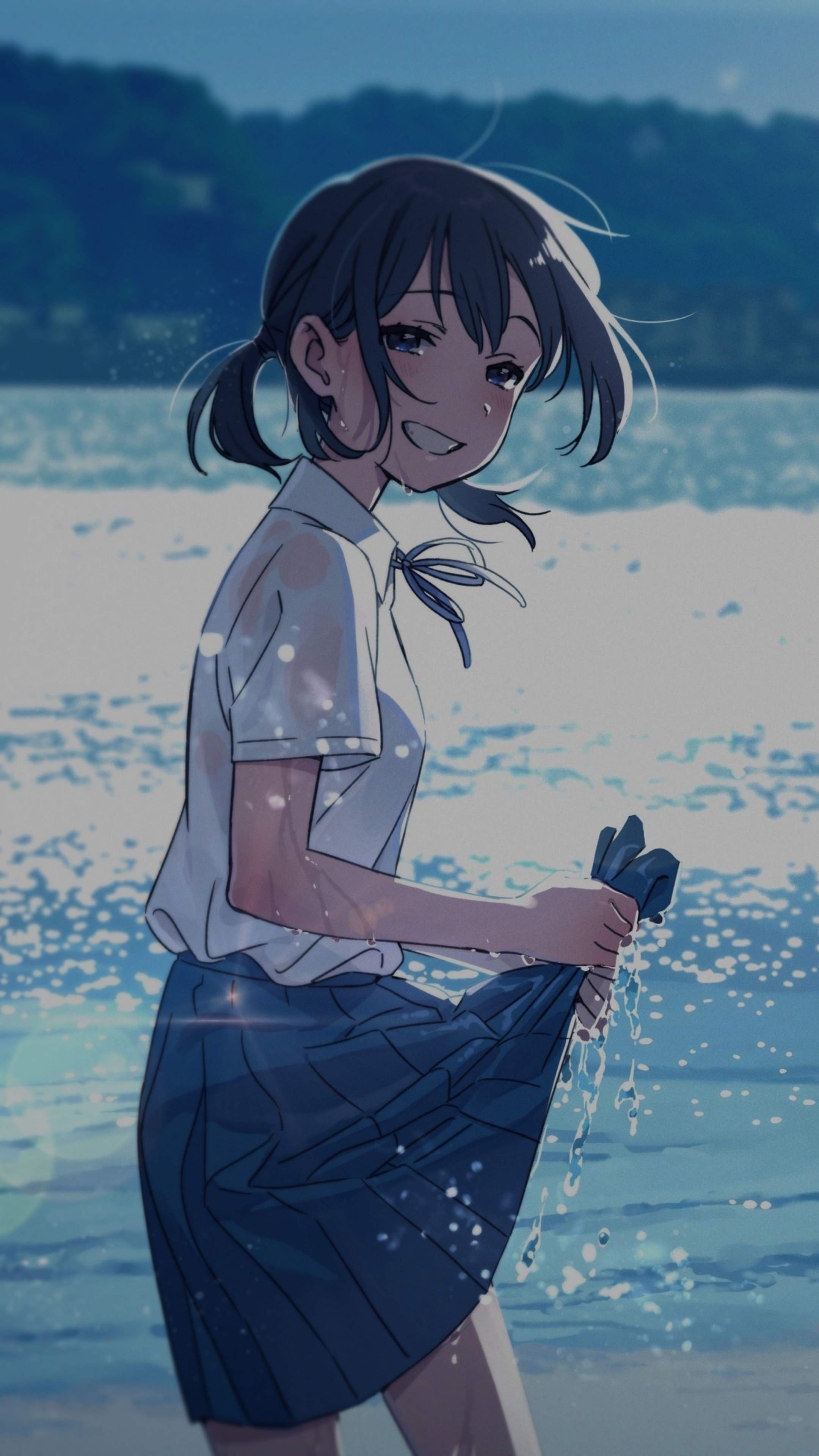 Anime girl in school uniform at the beach HD Phone Wallpaper