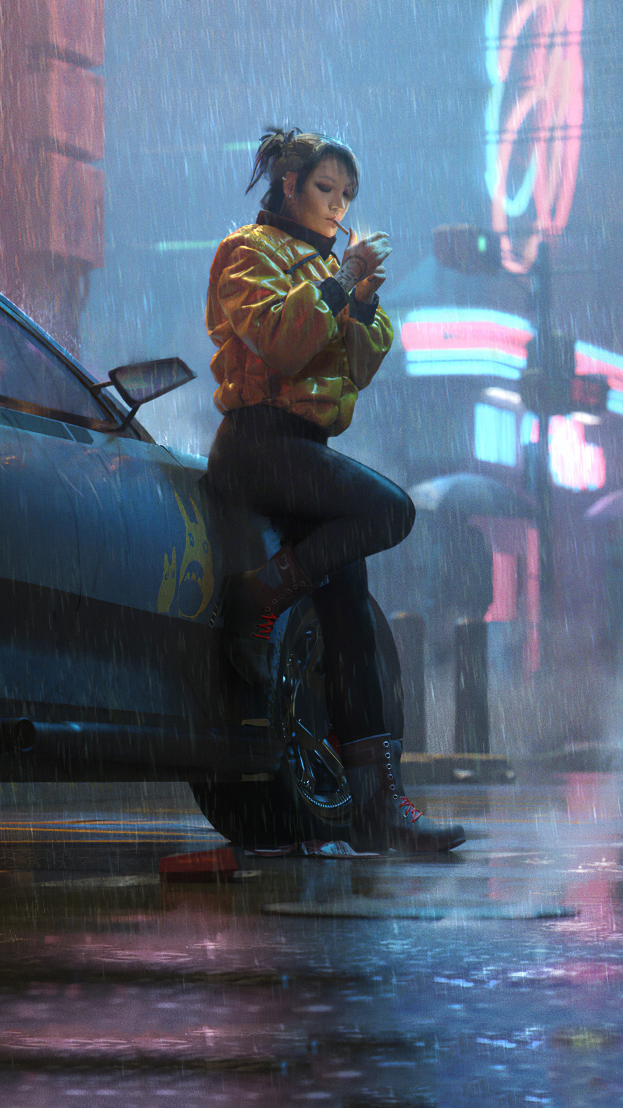 Woman smoking in the rain on a cyberpunk street HD Phone Wallpaper