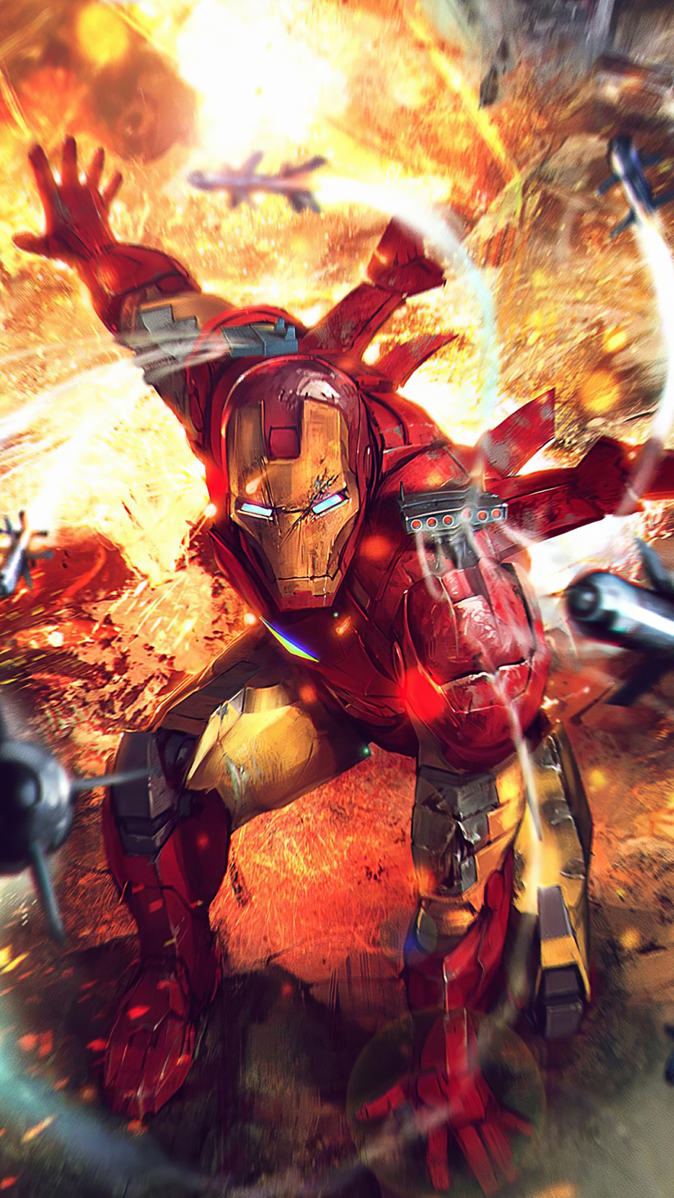 Iron Man in battle with explosions and aircraft HD Phone Wallpaper