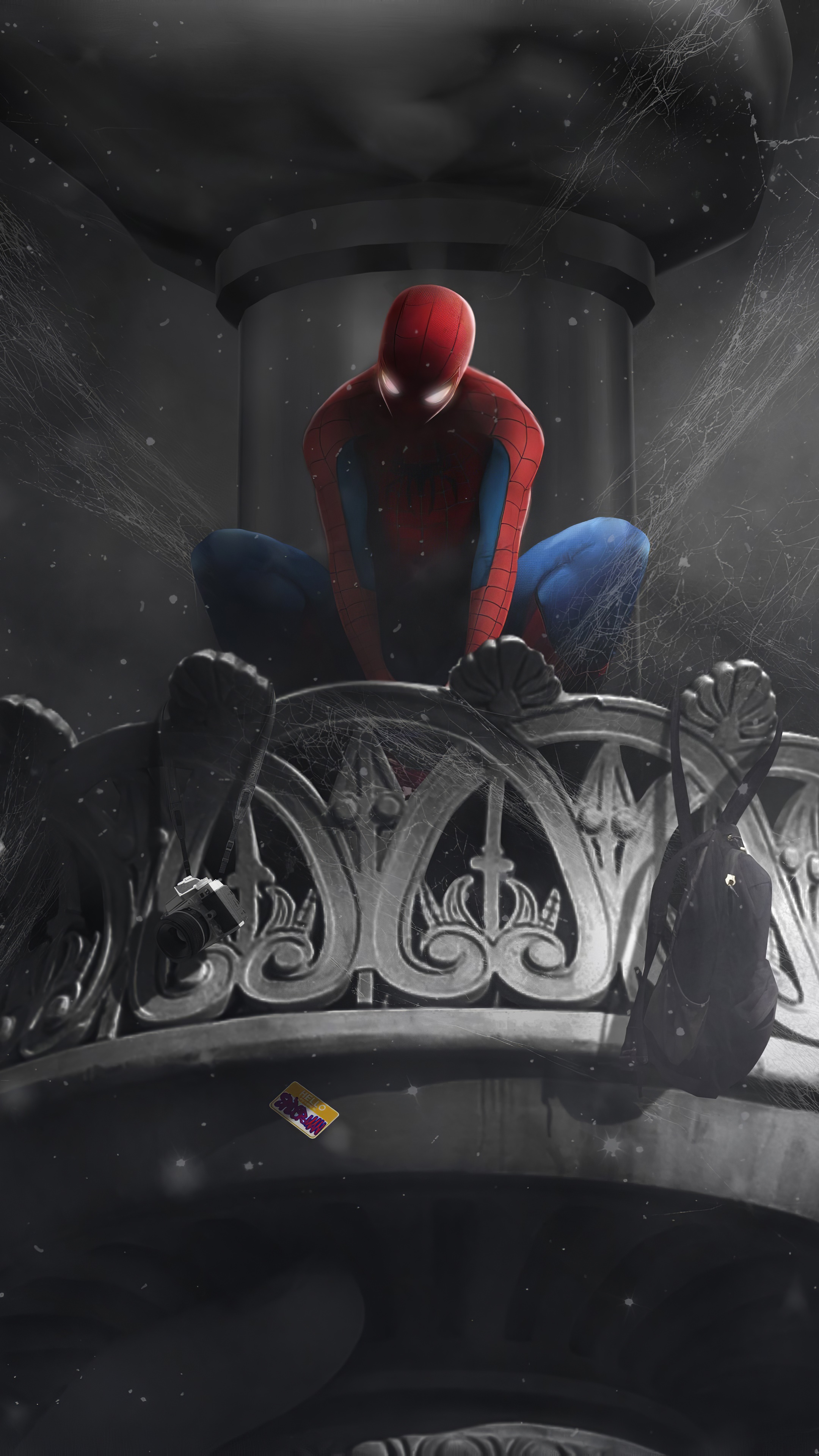 Spiderman sitting on a balcony HD Phone Wallpaper